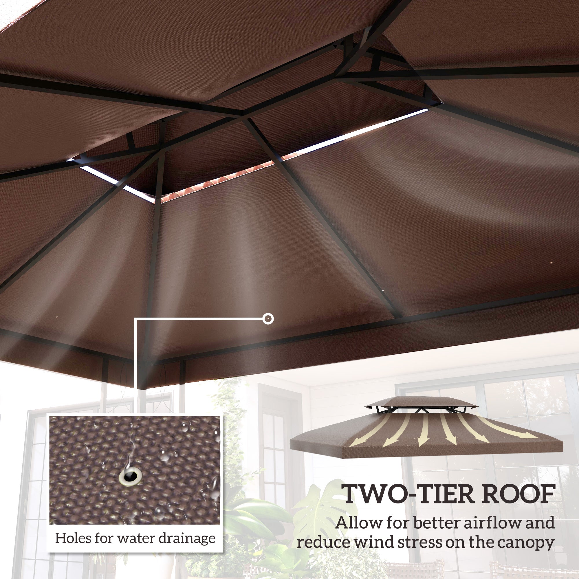 Outsunny 3x4m Gazebo Canopy Replacement Cover, 2 Tier Top Roof UV Cover Garden Patio Outdoor Sun Awning Shelters, Brown (TOP COVER ONLY) - North Peak Garden Furniture