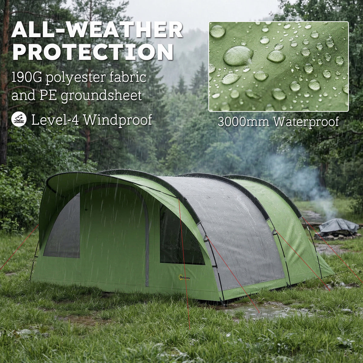Outsunny 4 Person Easy Setup Family Camping Tent with 2 Rooms, Waterproof Tunnel Tent w/ Sewn In Groundsheet, Green & Grey