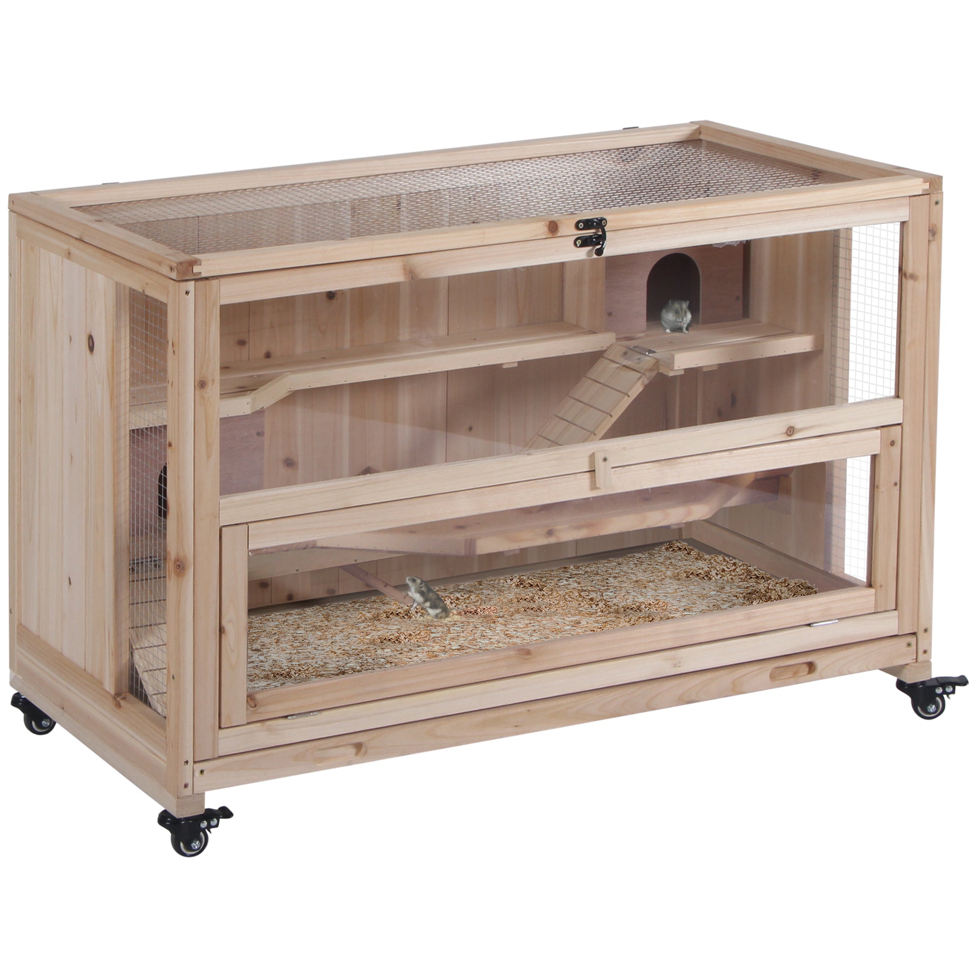 PawHut Wooden Hamster Cage, Mice Rodent Small Animals Kit Hutch, 3 Tiers Exercise Play House, with Wheels, Bottom Tray, 99 x 50 x 69 cm, Natural Wood - North Peak Garden Furniture