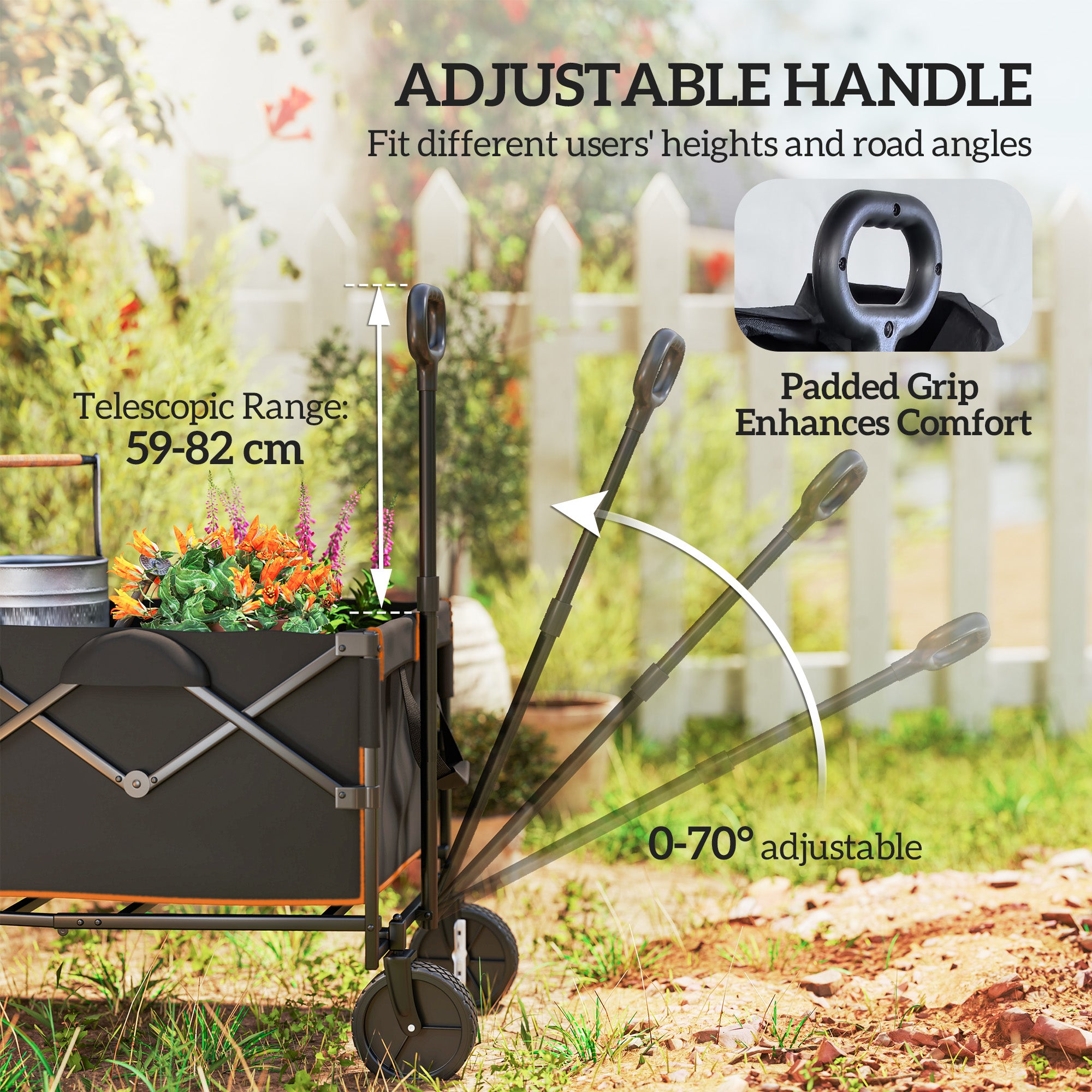 Outsunny 160L Festival Trolley on Wheels, Folding Camping Trolley Cart w/ Tailgate, 100kg Heavy Duty Garden Collapsible Folding Wagon w/Adjustable Handle, Carry Bag for Beach Picnic, Black and Orange - North Peak Garden Furniture