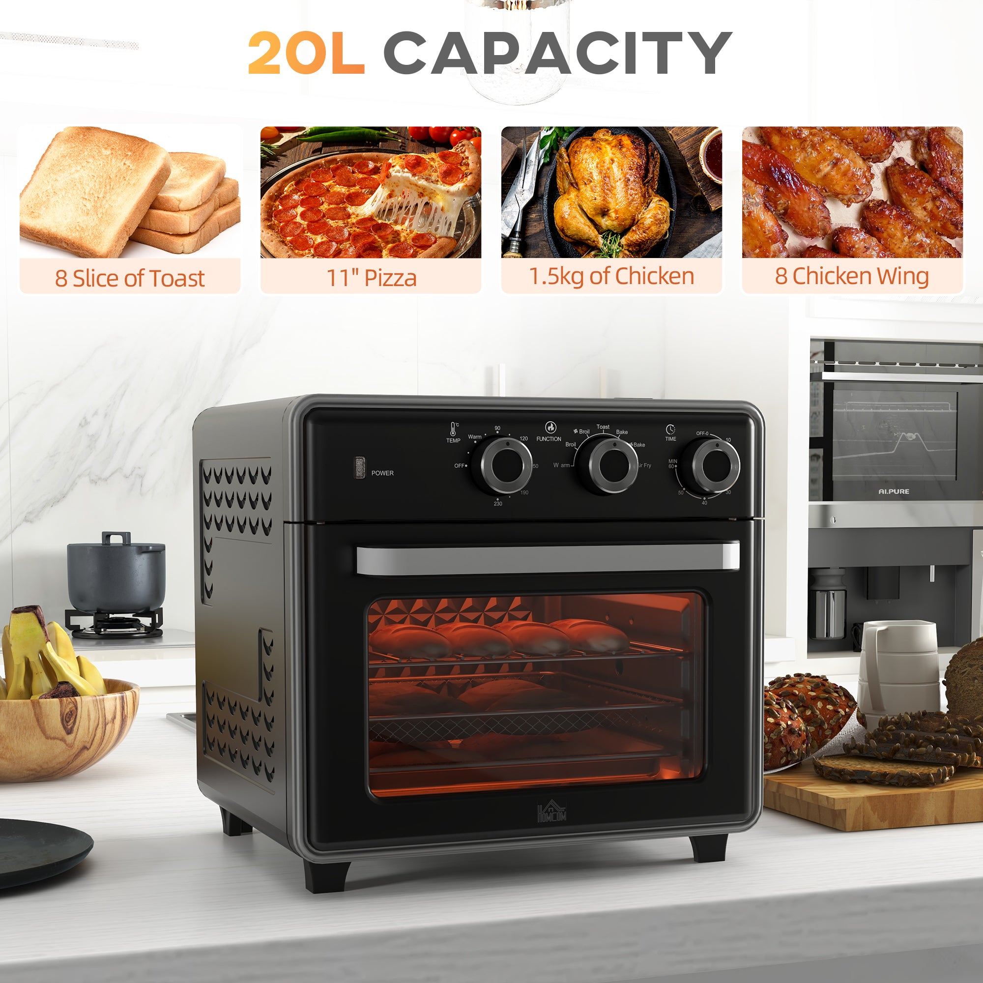HOMCOM 20L 90-230℃ Mini Convection Oven, with Air Fry Function - Black - North Peak Garden Furniture