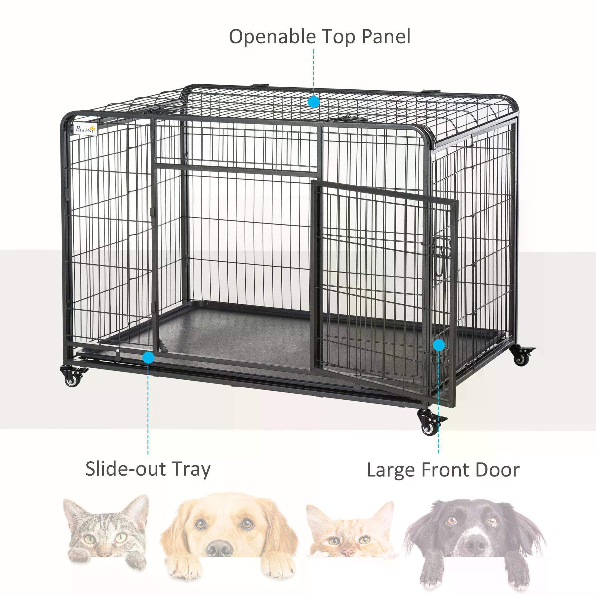 PawHut Folding Heavy-Duty Dog Crate: Double Door Pet Kennel with Removable Tray, Lockable Wheels, 125cm x 76cm x 81cm