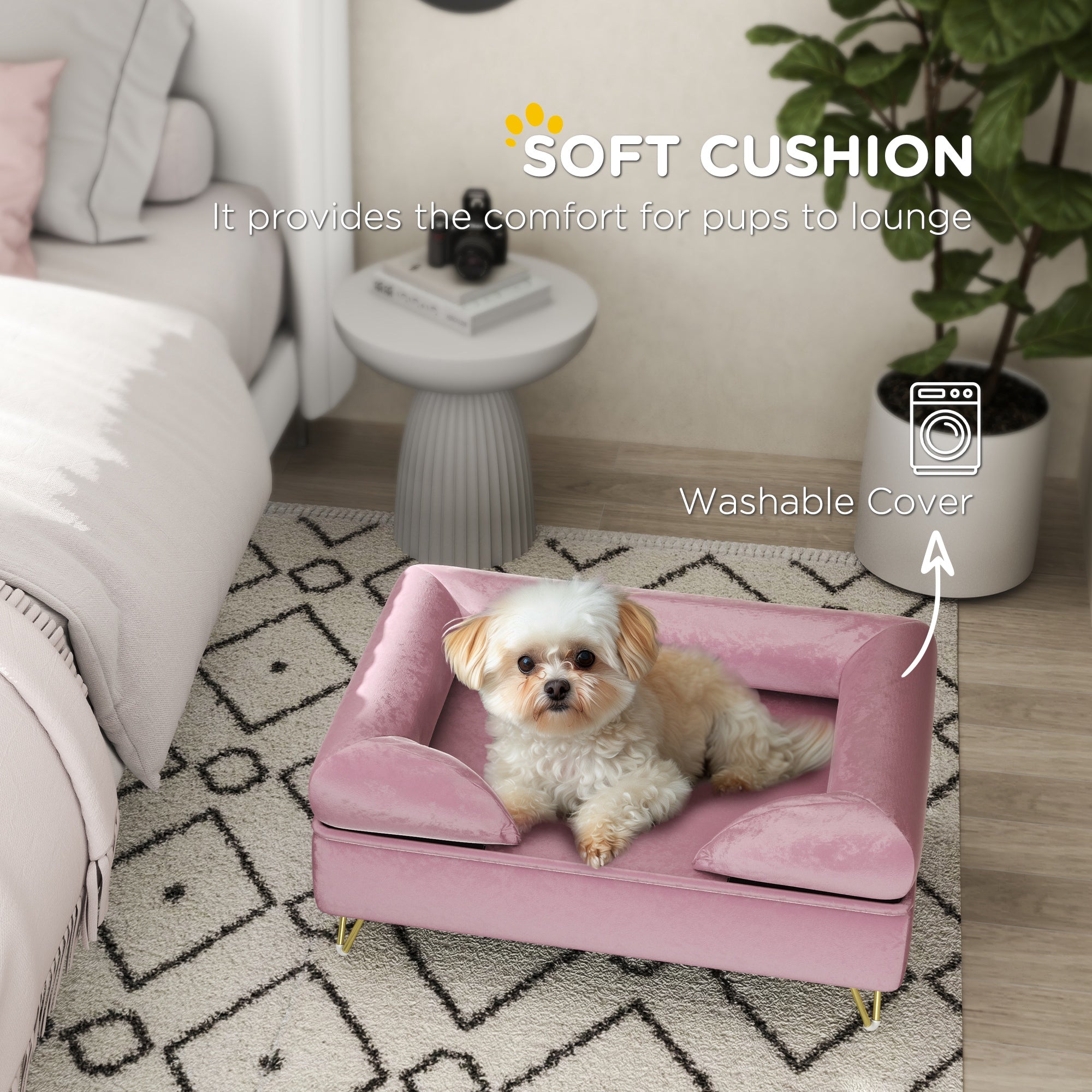 PawHut Cat Sofa Pet Couch w/ Removable Backrest, Soft Cushion, Washable Cover, for Small and Medium Sized Dogs, Pink - North Peak Garden Furniture
