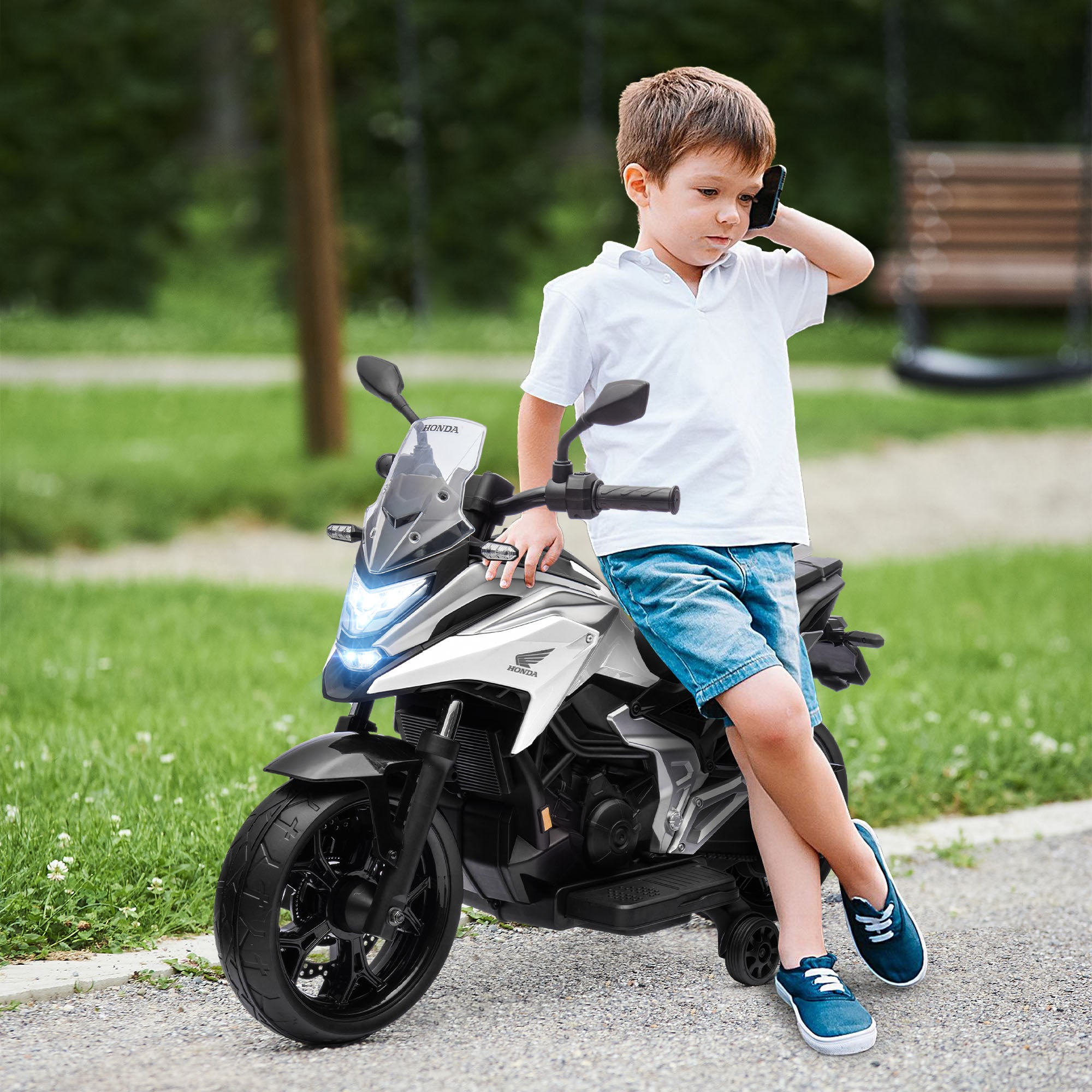 AIYAPLAY 12V Honda Licensed Kids Electric Motorbike w/ Music, Headlights, Early Education Function, for Ages 3-6 Years, White - North Peak Garden Furniture