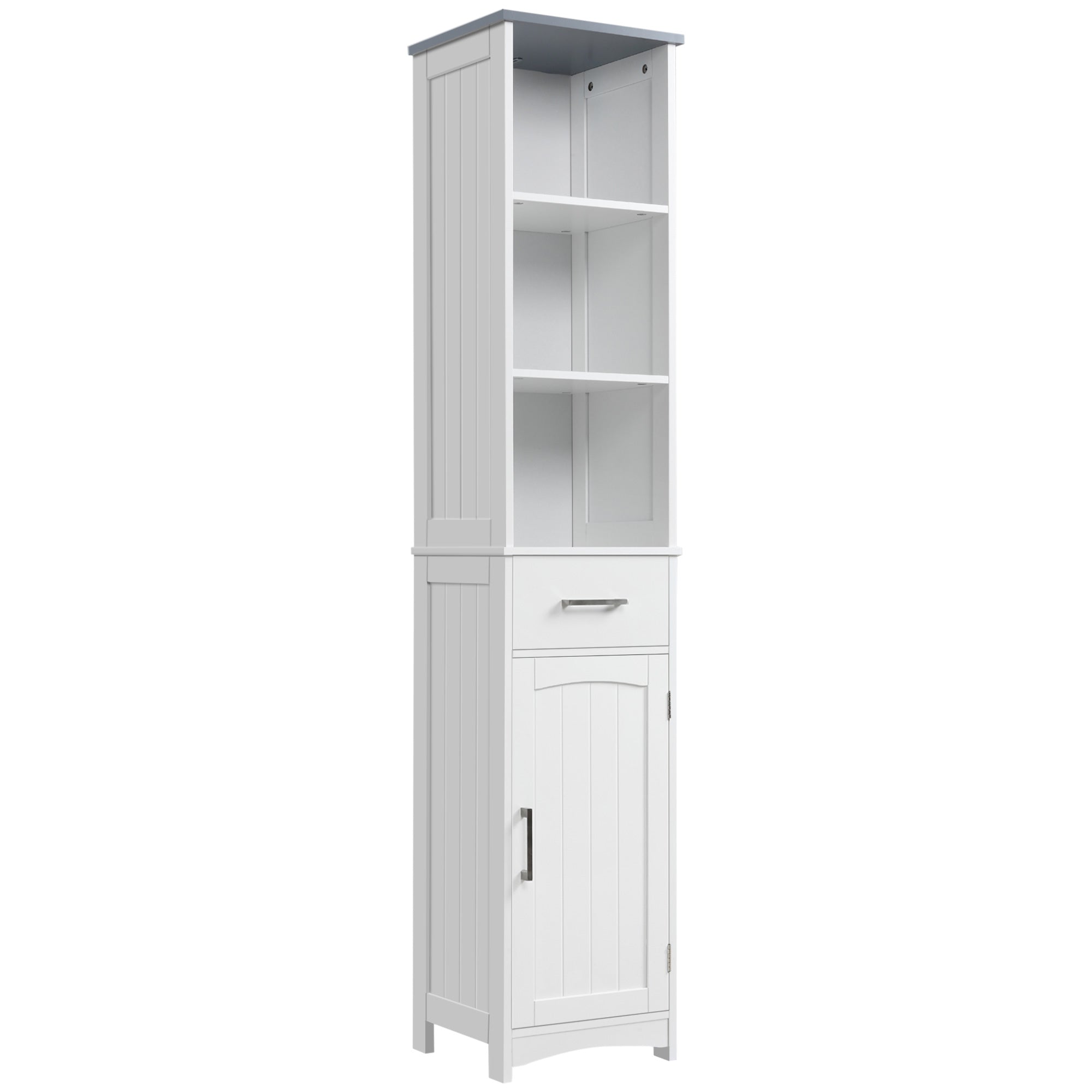 kleankin Tall Bathroom Storage Cabinet with 3 Tier Shelf, Cupboard, Drawer, Door, Freestanding Linen Tower, Slim Side Organizer, White - North Peak Garden Furniture