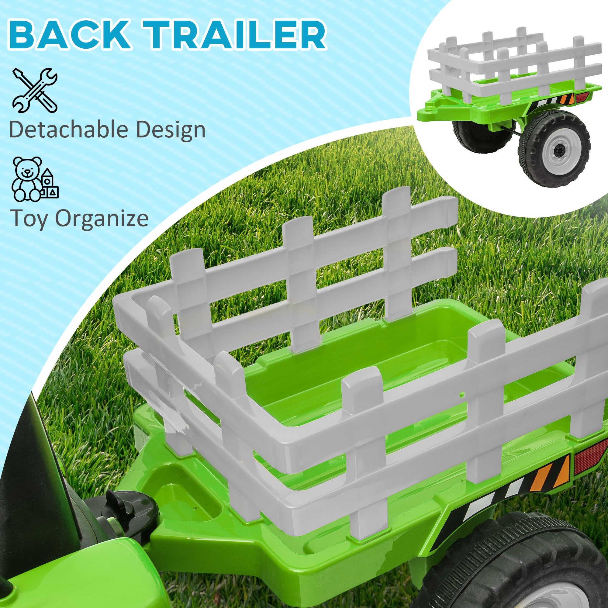 HOMCOM Ride On Tractor, Battery Powered Electric Car, with Detachable Trailer, Remote Control, Music - Green - North Peak Garden Furniture