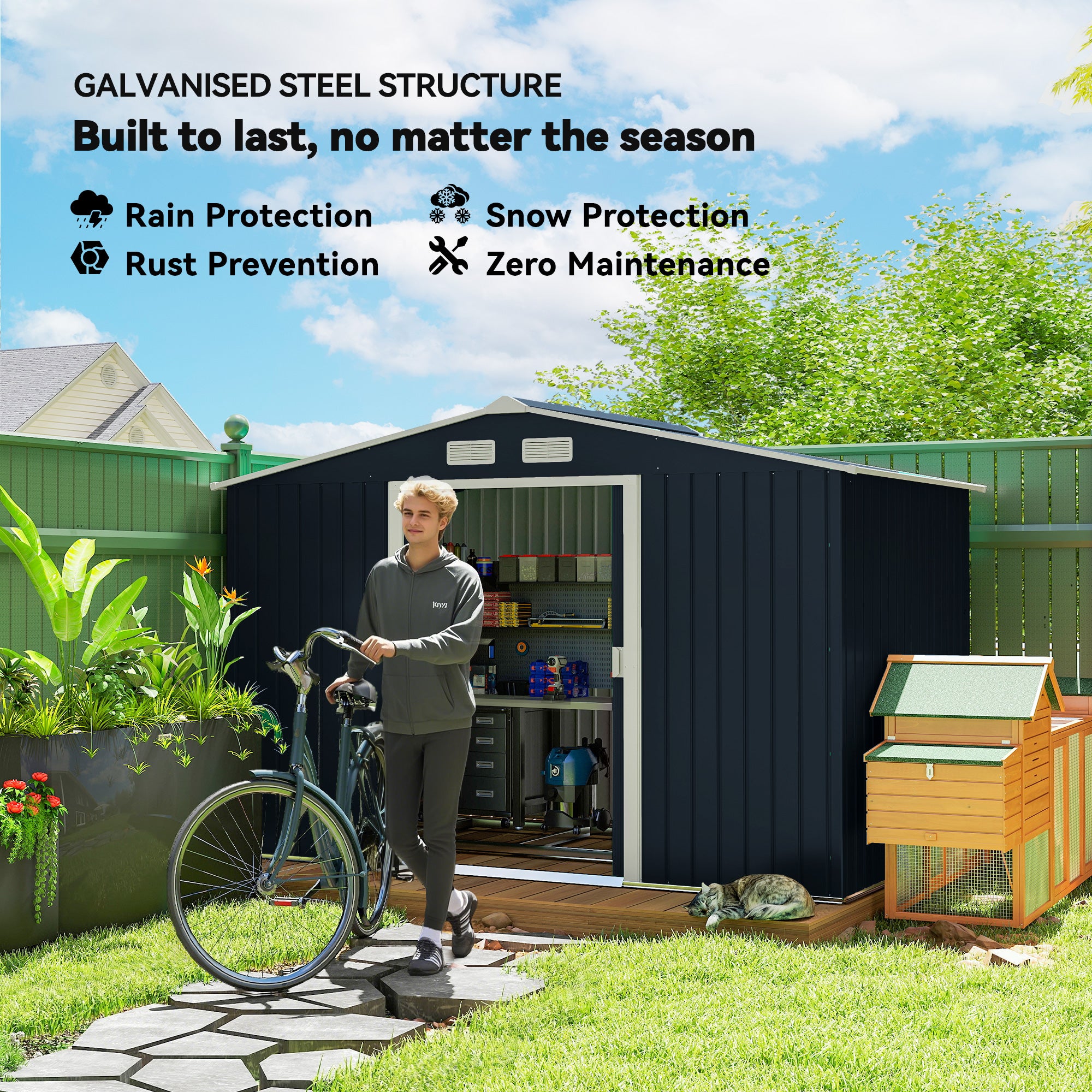 Outsunny 9 x 6ft Metal Garden Shed, Outdoor Storage Tool House with Ventilation Slots, Foundation Kit and Lockable Double Doors, Dark Grey