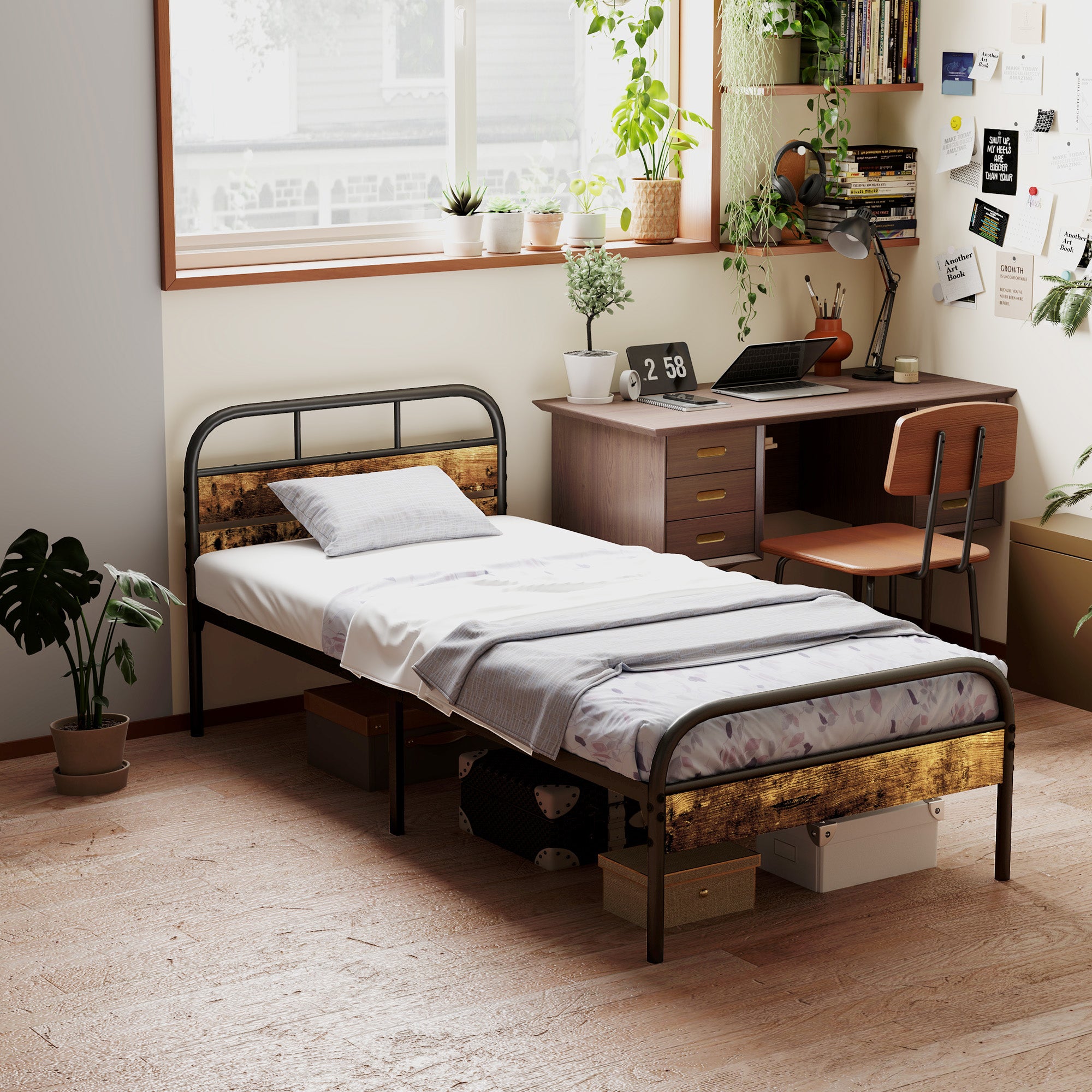 HOMCOM Industrial-Style Single Bed Frame - Black/Brown - North Peak Garden Furniture