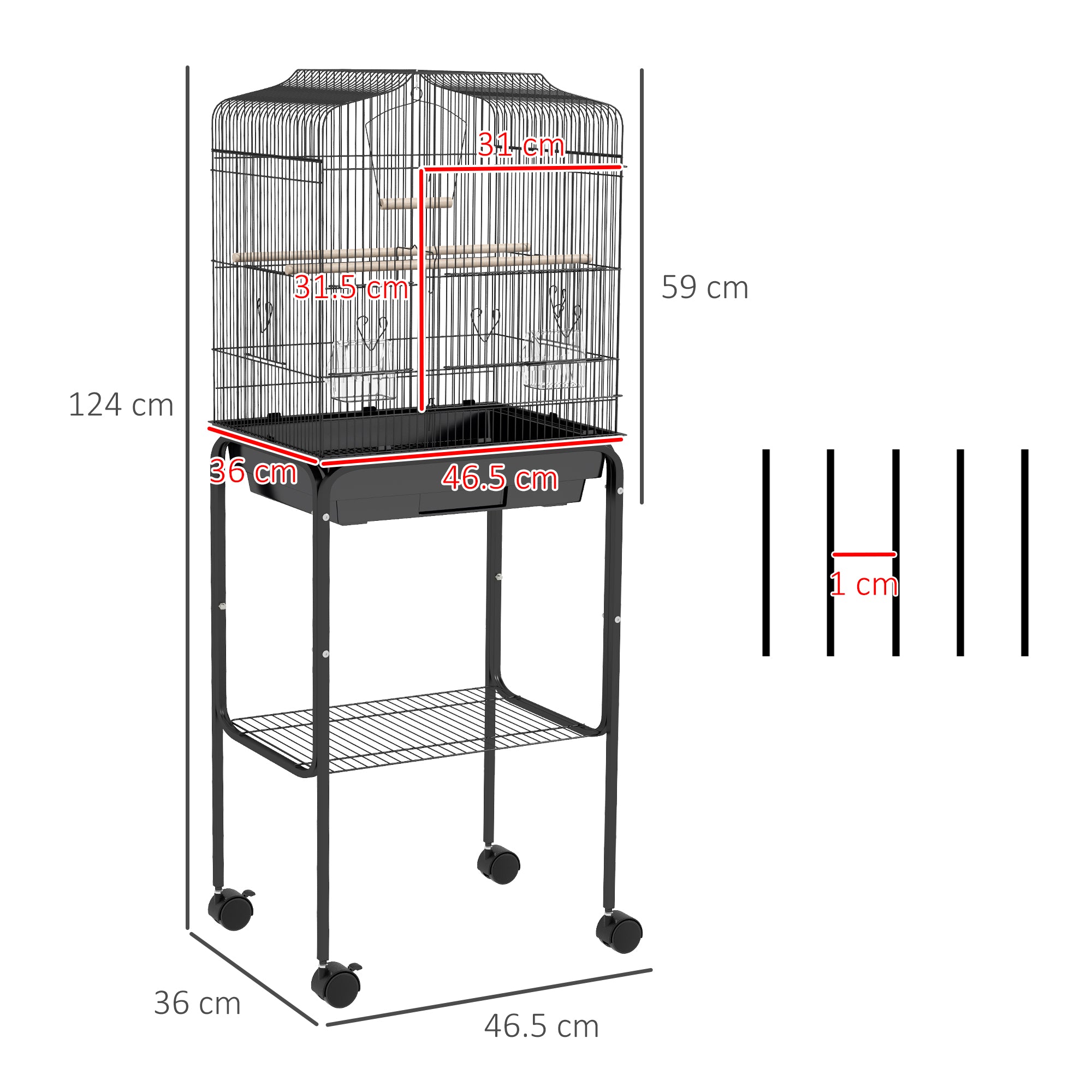 PawHut Bird Cage Budgie Cages for Finch Canary Parakeet with Stand Wheels Slide-out Tray Accessories Storage Shelf, Black - North Peak Garden Furniture