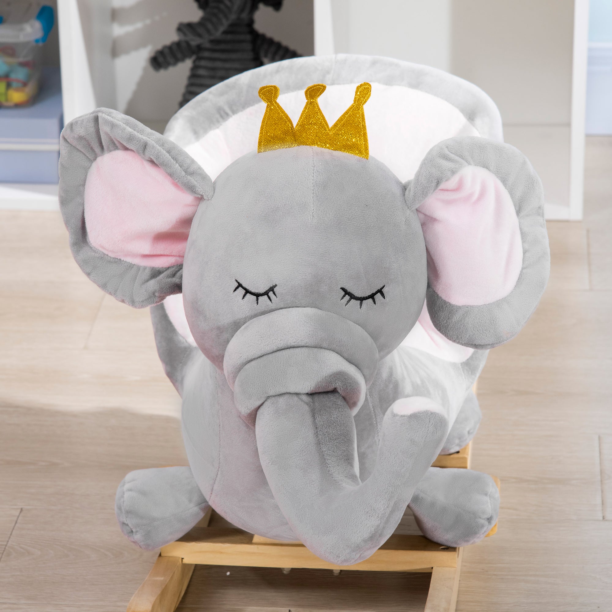 HOMCOM Kids Elephant-Designed Rocking Horse, with Safety Belt, Wooden Base, for Ages 18-36 Months - Grey - North Peak Garden Furniture