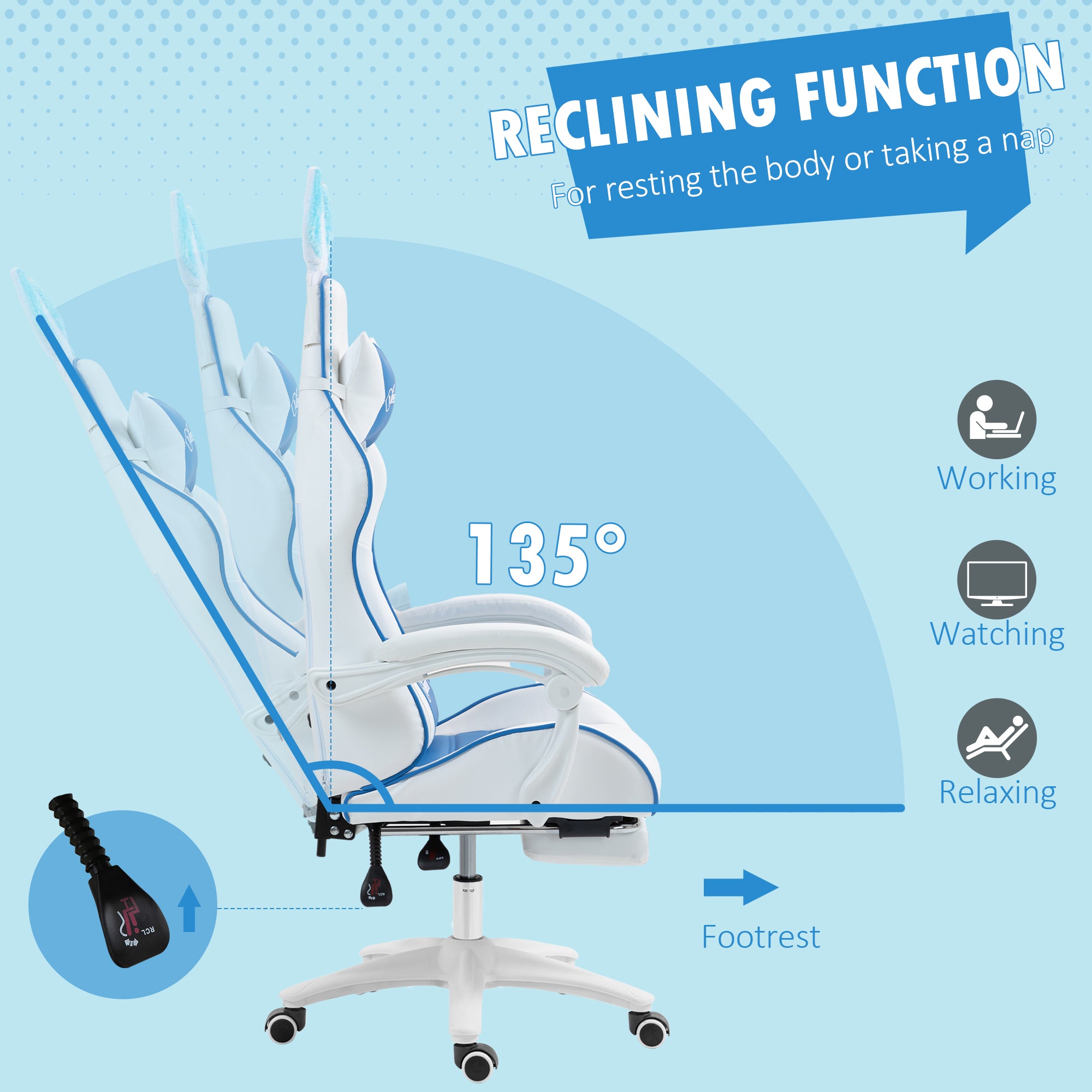 Vinsetto Racing Gaming Chair, Reclining PU Leather Computer Chair with Removable Rabbit Ears, Footrest and Lumber Support, Blue - North Peak Garden Furniture