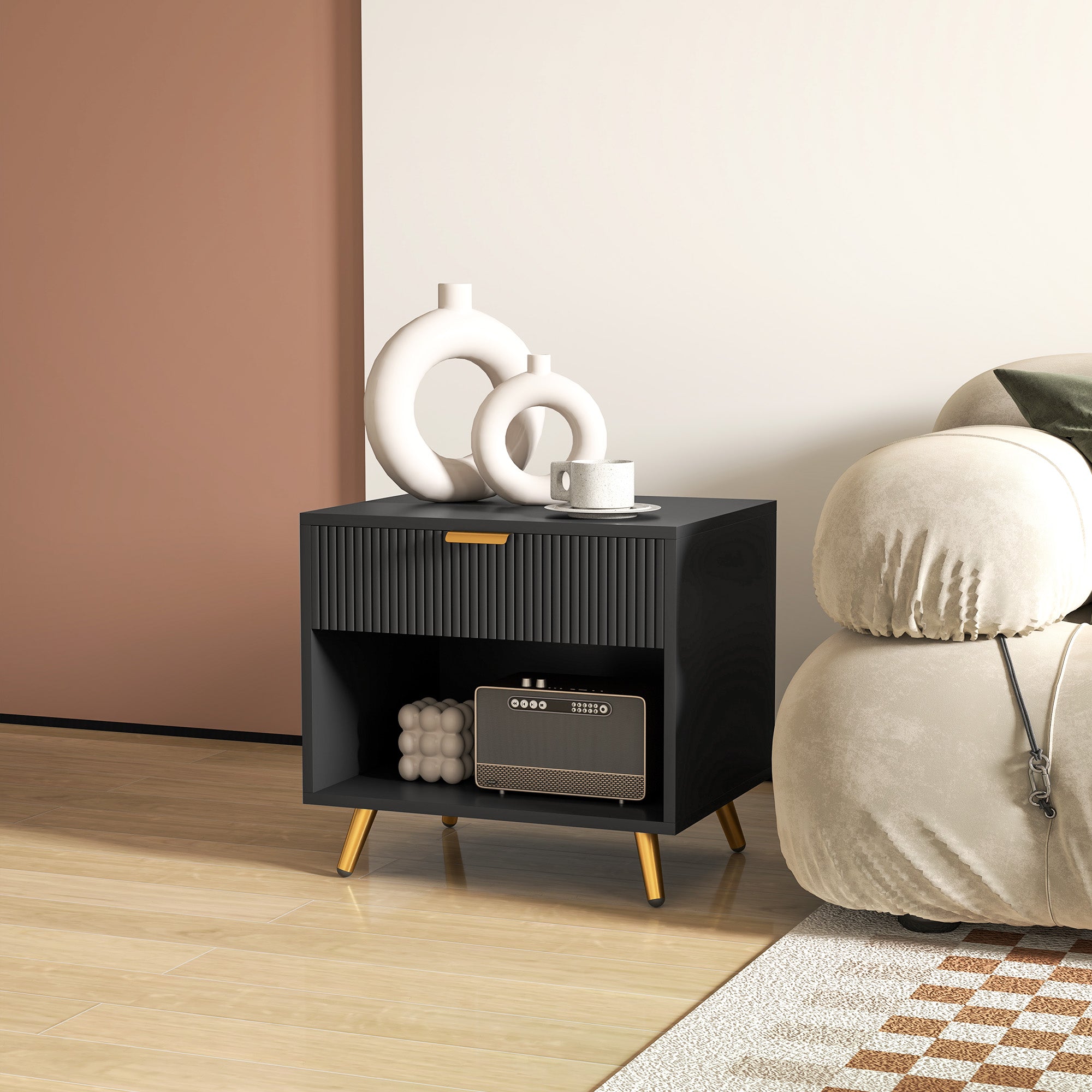 HOMCOM Elegant Bedside Table, with Drawer and Shelf - Black/Gold Tone - North Peak Garden Furniture