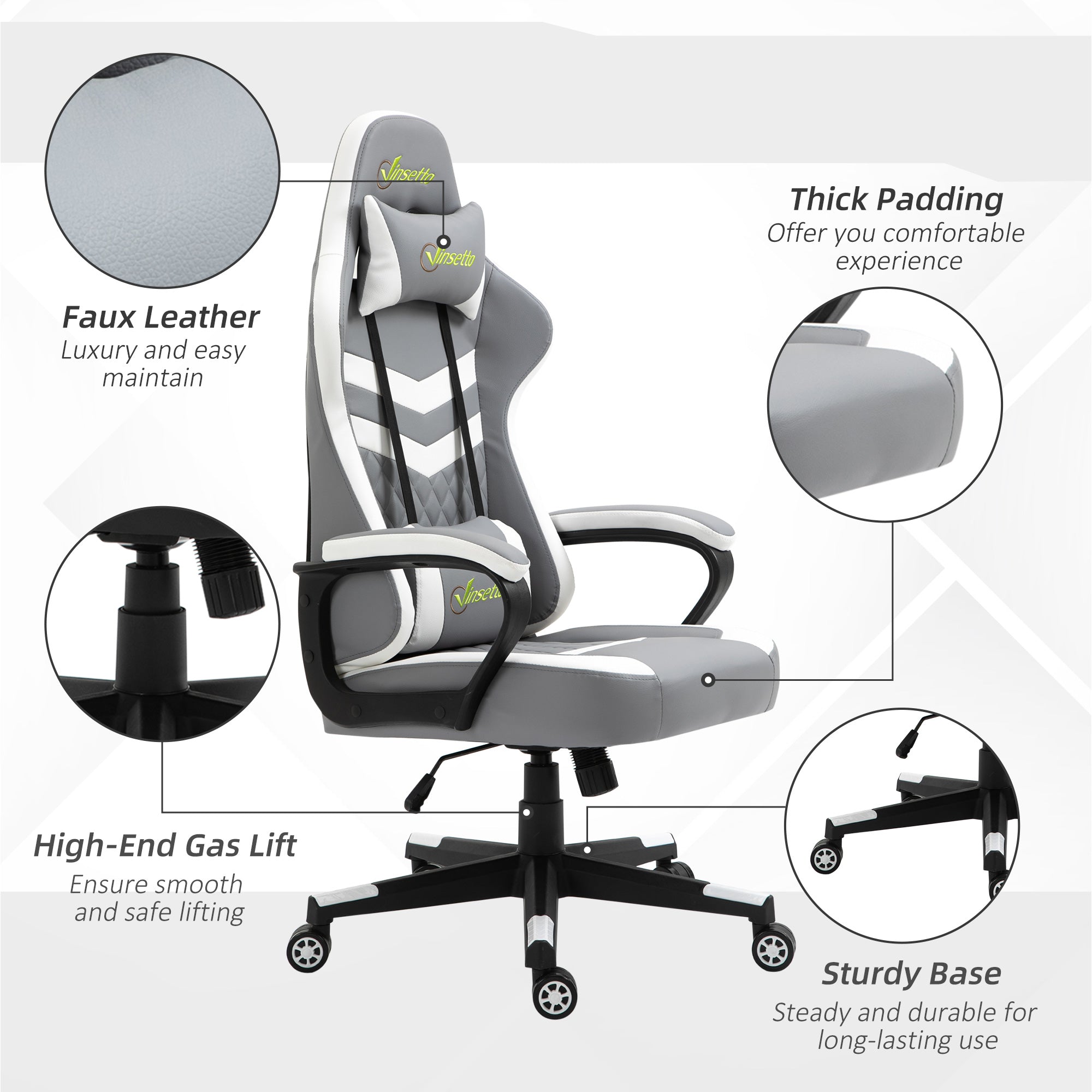 Vinsetto Gaming Chair, Computer Desk Chair with Lumbar Support, Faux Leather Racing Chair with Headrest and Swivel Wheels for Home Office, Grey White - North Peak Garden Furniture