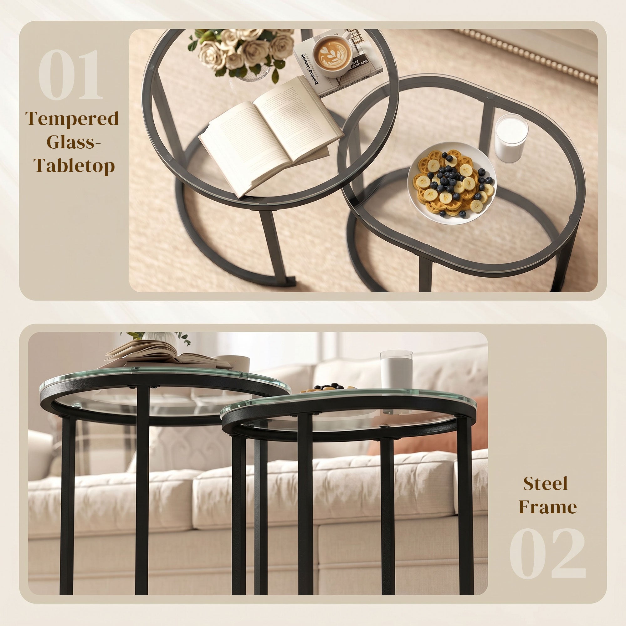 HOMCOM Nest of Tables with Steel Frame and Tempered Glass Tabletop, Modern Coffee Table Set of 2, Black