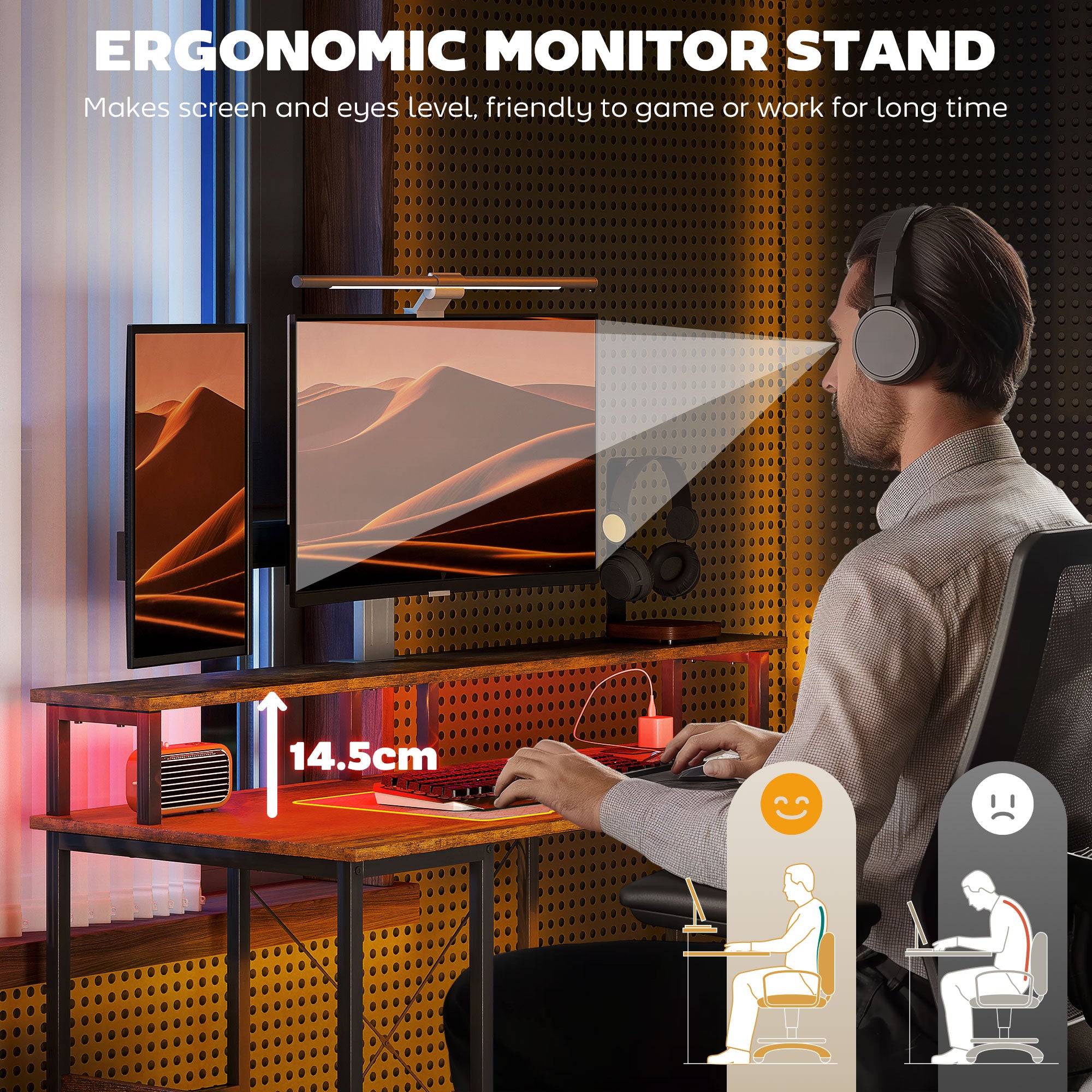 HOMCOM Computer Desk with Power Outlets and LED Lights, 120 x 50cm Reversible Home Office Desk with Monitor Stand and 2-Tier Storage Shelves, Gaming Desk with Cable Management, Rustic Brown - North Peak Garden Furniture