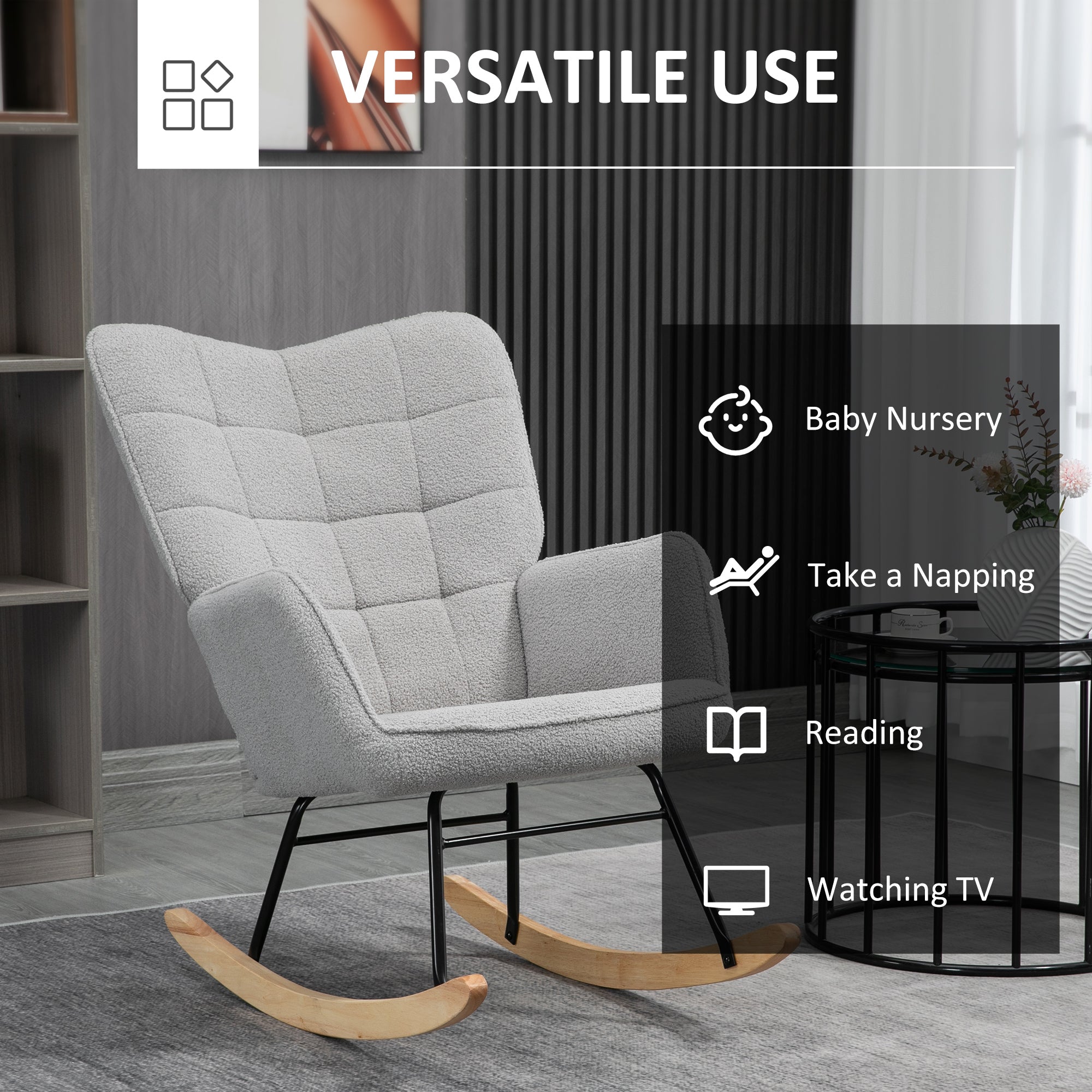 HOMCOM Berber Fleece Nursery Glider Rocker for Nursing, Wingback Rocking Chair for Living Room, Light Grey - North Peak Garden Furniture