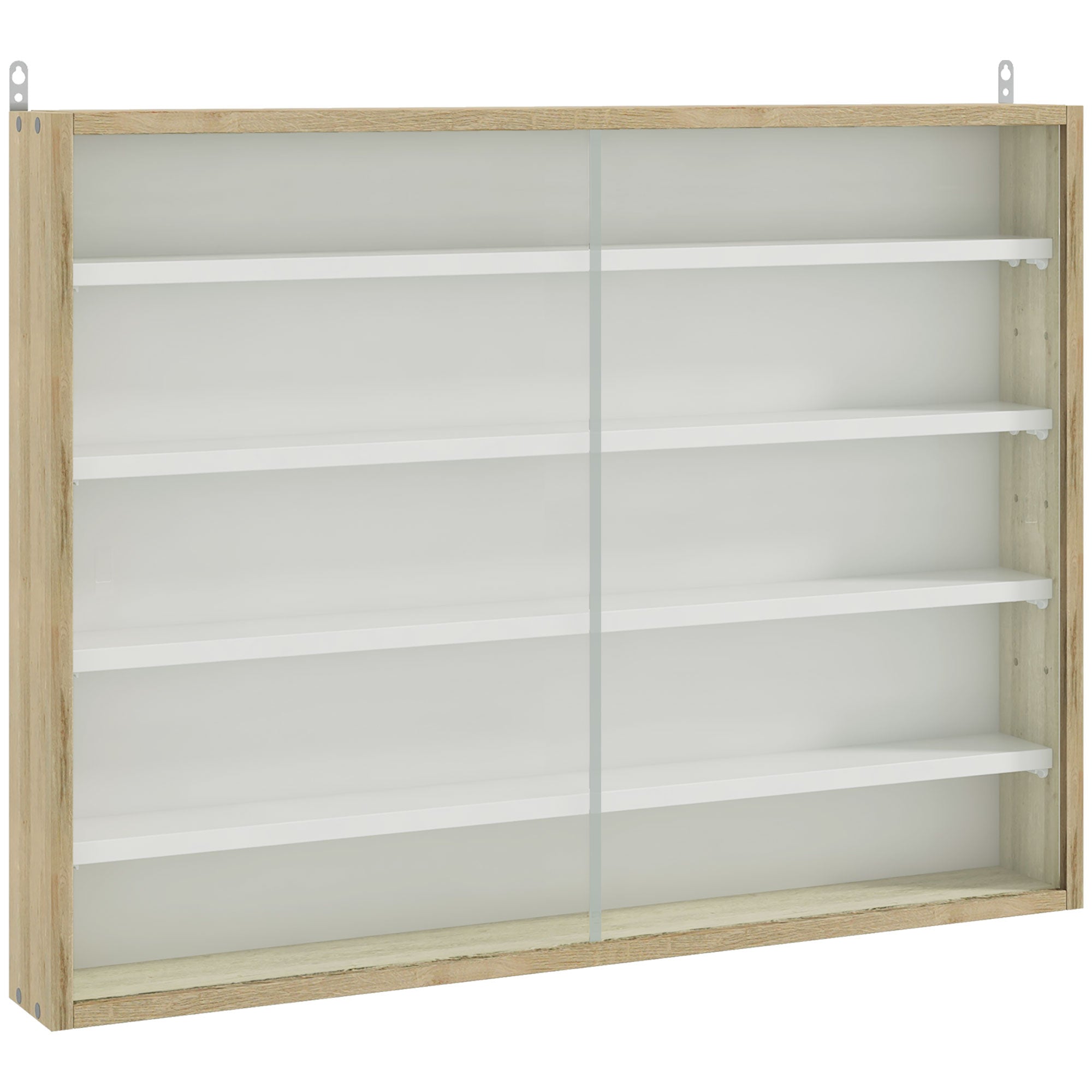 HOMCOM 5-Tier Wall Display Shelf Unit Cabinet w/ 4 Adjustable Shelves Glass Doors Home Office Ornaments 60x80cm Natural - North Peak Garden Furniture