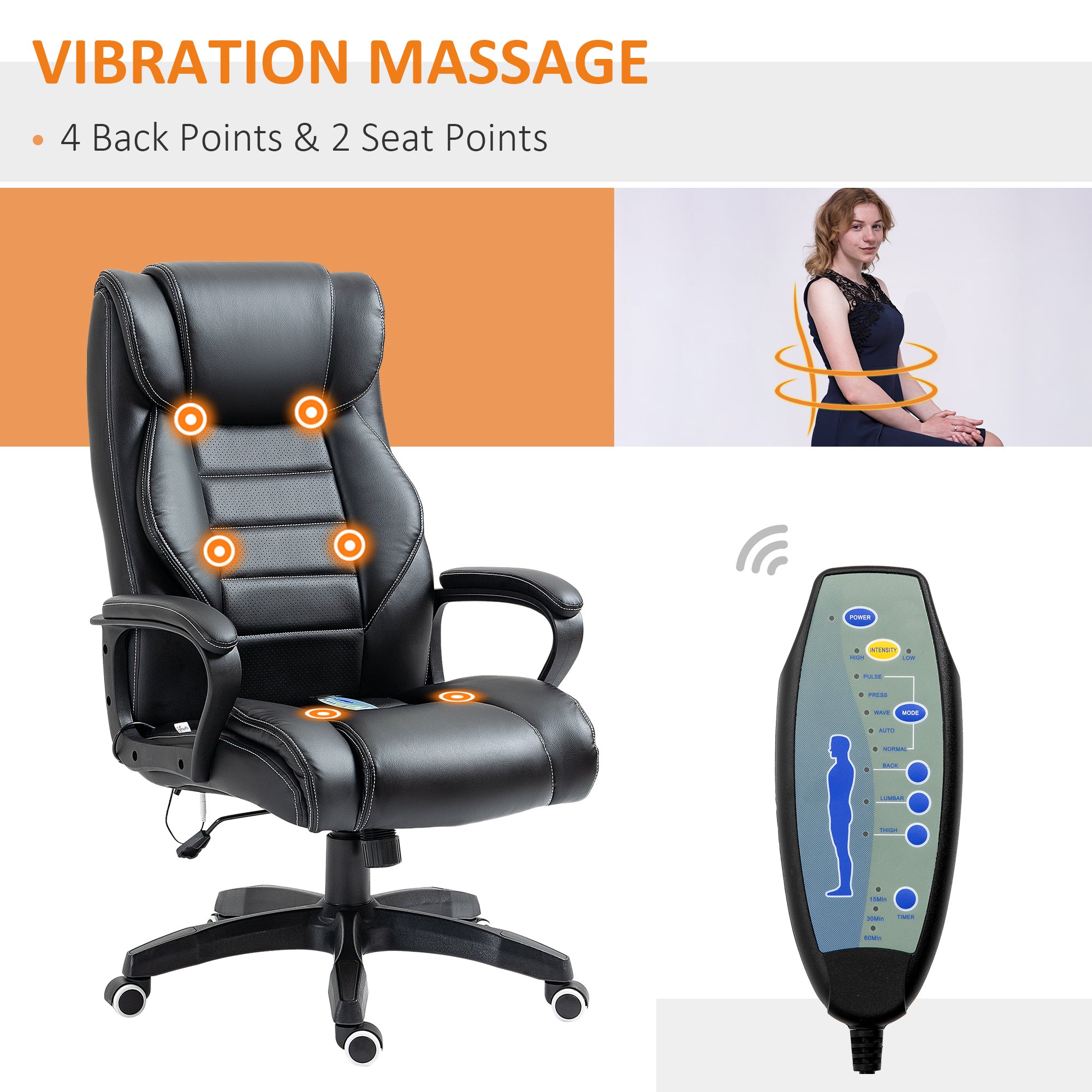 Vinsetto High Back Executive Office Chair 6- Point Vibration Massage Extra Padded Swivel Ergonomic Tilt Desk Seat, Black - North Peak Garden Furniture