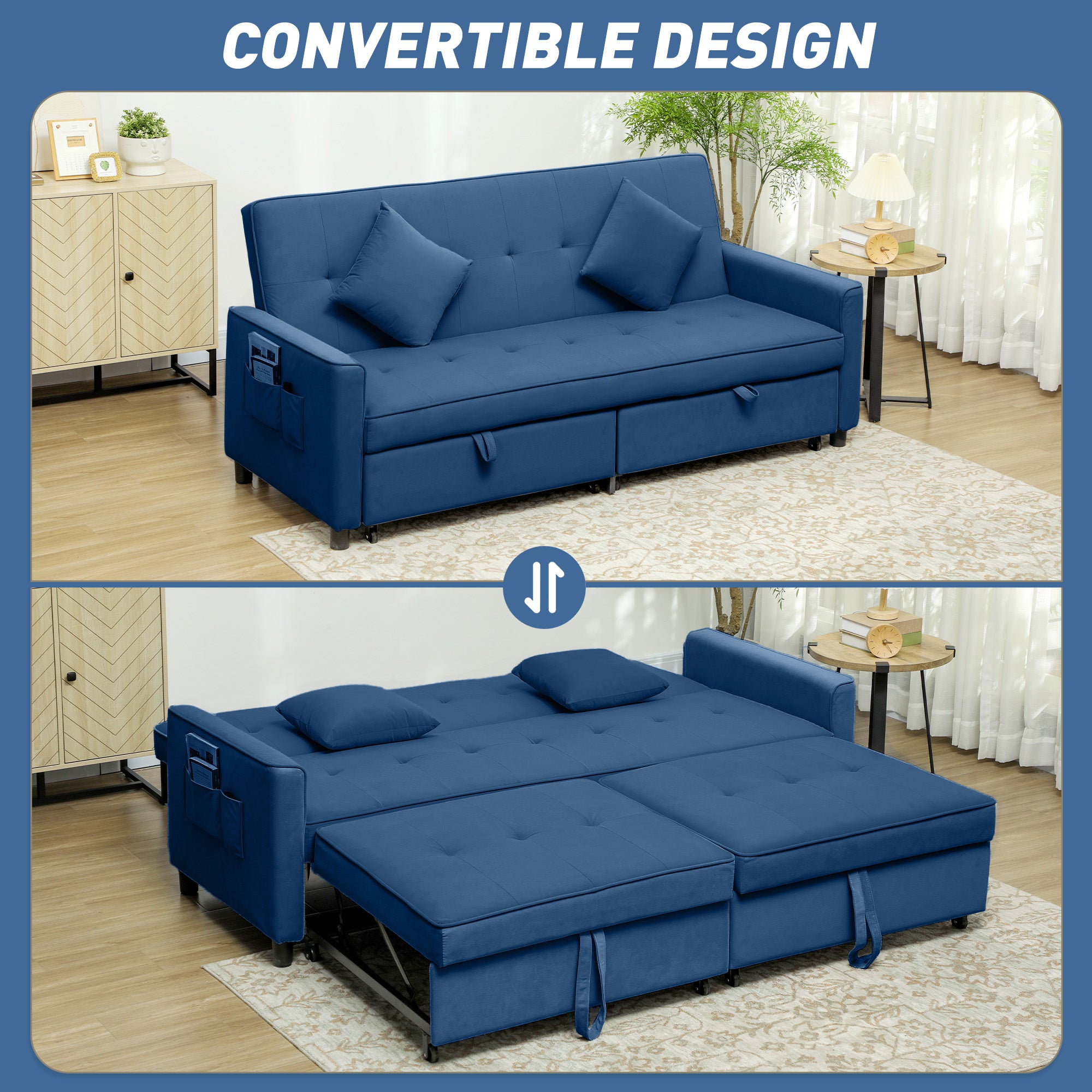 HOMCOM Three-Person Velvet-Feel Sofa Bed - Blue - North Peak Garden Furniture