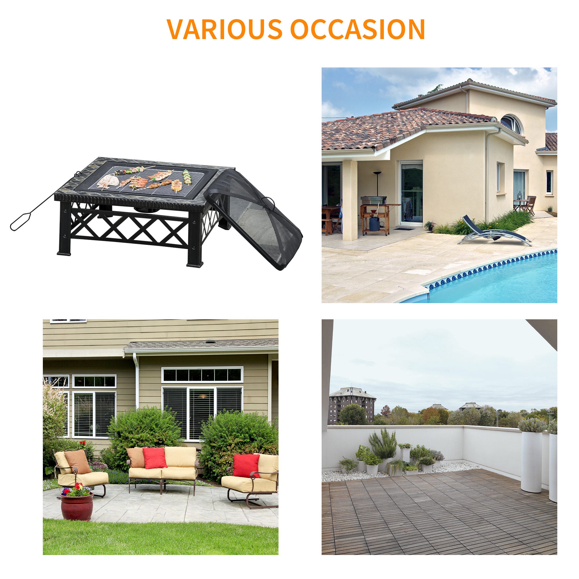 Outsunny Large Outdoor Fire Pit Table, 3 in 1 Square Wood Burning Firepit Metal Brazier, BBQ Grill, Ice Bucket w/ Grill Grate, Log Grate, Lid, Poker for Garden, Camping, Bonfire, 76 x 76 x 47cm, Black - North Peak Garden Furniture