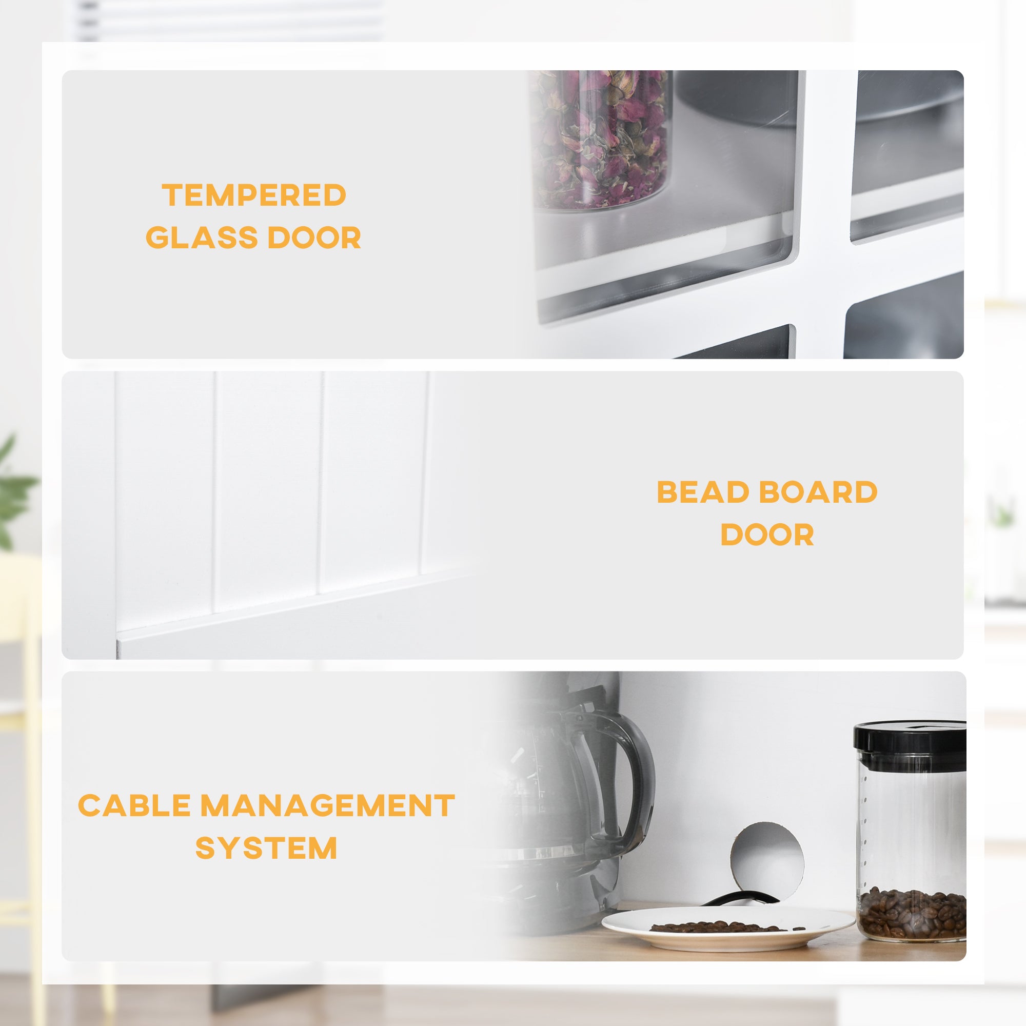HOMCOM Freestanding Kitchen Cupboard, Kitchen Storage Cabinet with Framed Glass Doors, 2 Drawers, Microwave Counter, White - North Peak Garden Furniture