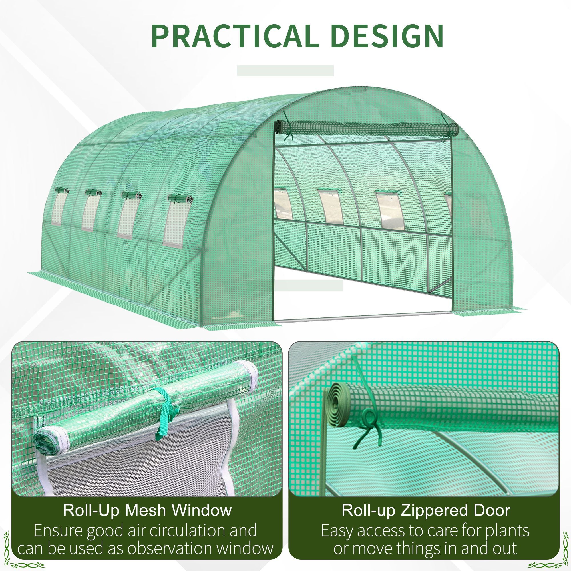 Outsunny Walk-in Polytunnel Greenhouse, Outdoor Garden Tunnel Greenhouse Tent with Zipped Roll-Up Door and 8 Mesh Windows, 6 x 3M