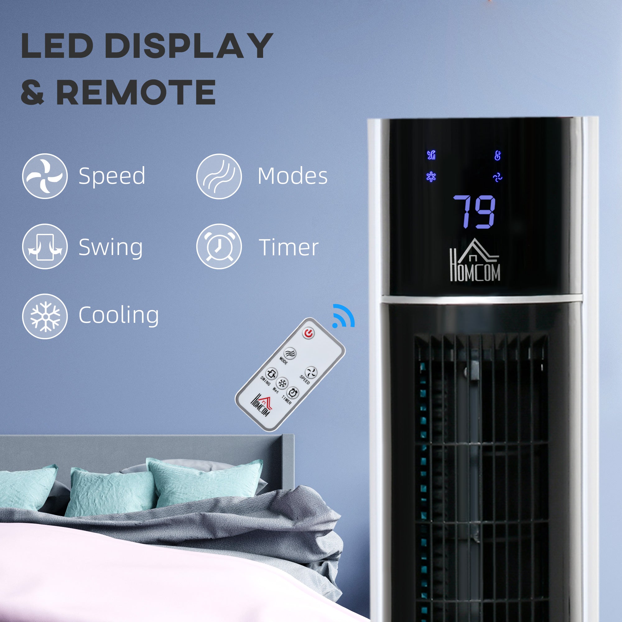 HOMCOM Portable Air Cooler, 3L Tank Evaporative Ice Cooling Tower Fan with 3 Modes, 3 Speeds, Remote, Timer, 60° Oscillating, Portable Swamp Cooler for Home Bedroom, White - North Peak Garden Furniture