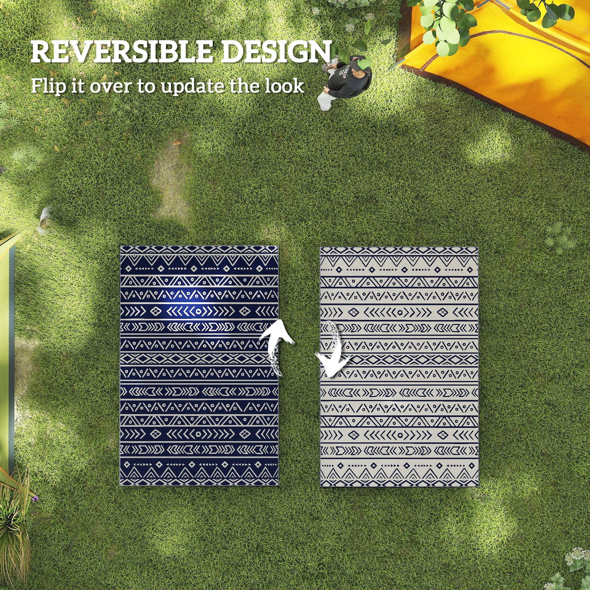 Outsunny Reversible Outdoor Rug with Carry Bag, Waterproof Plastic Straw Mat for Garden, Deck, RV, Picnic, Beach, Camping, 182 x 274cm, Dark Blue and White - North Peak Garden Furniture