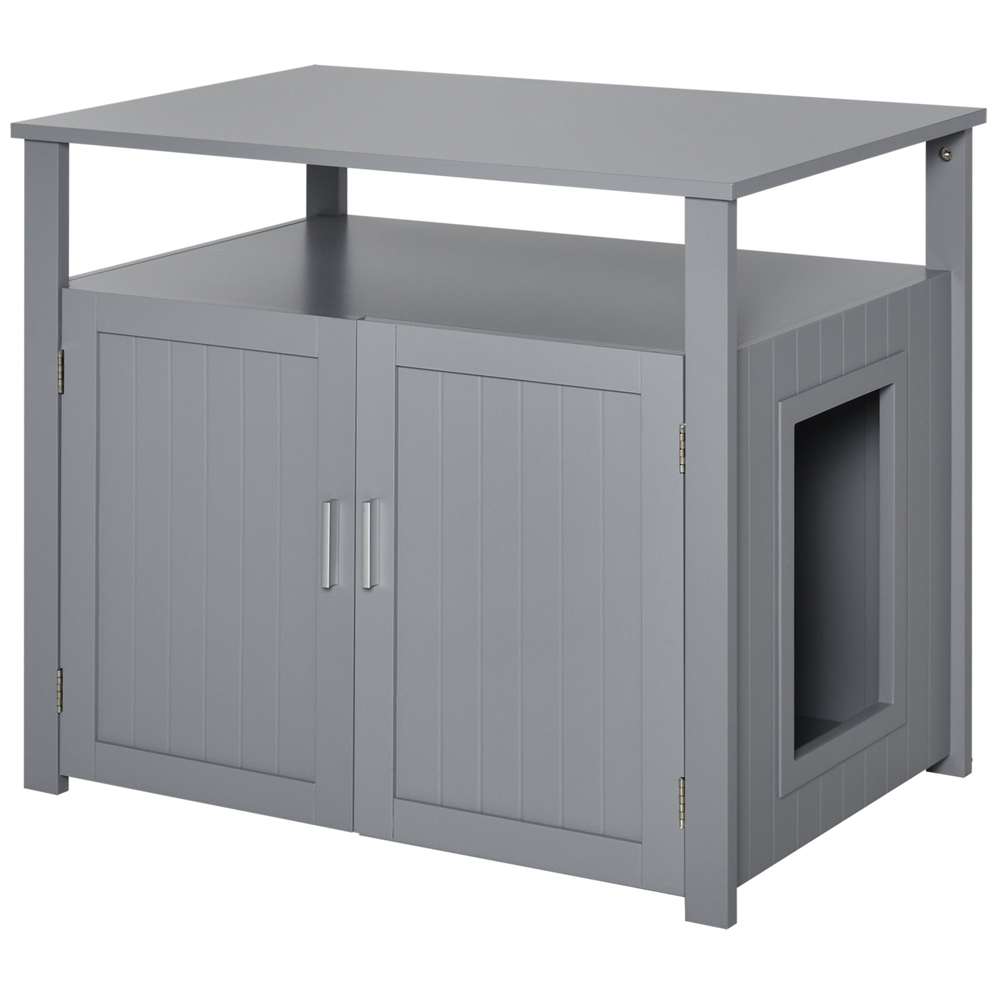PawHut Wooden Cat Litter Box Enclosure Furniture with Adjustable Interior Wall & Large Tabletop for Nightstand, Grey - North Peak Garden Furniture