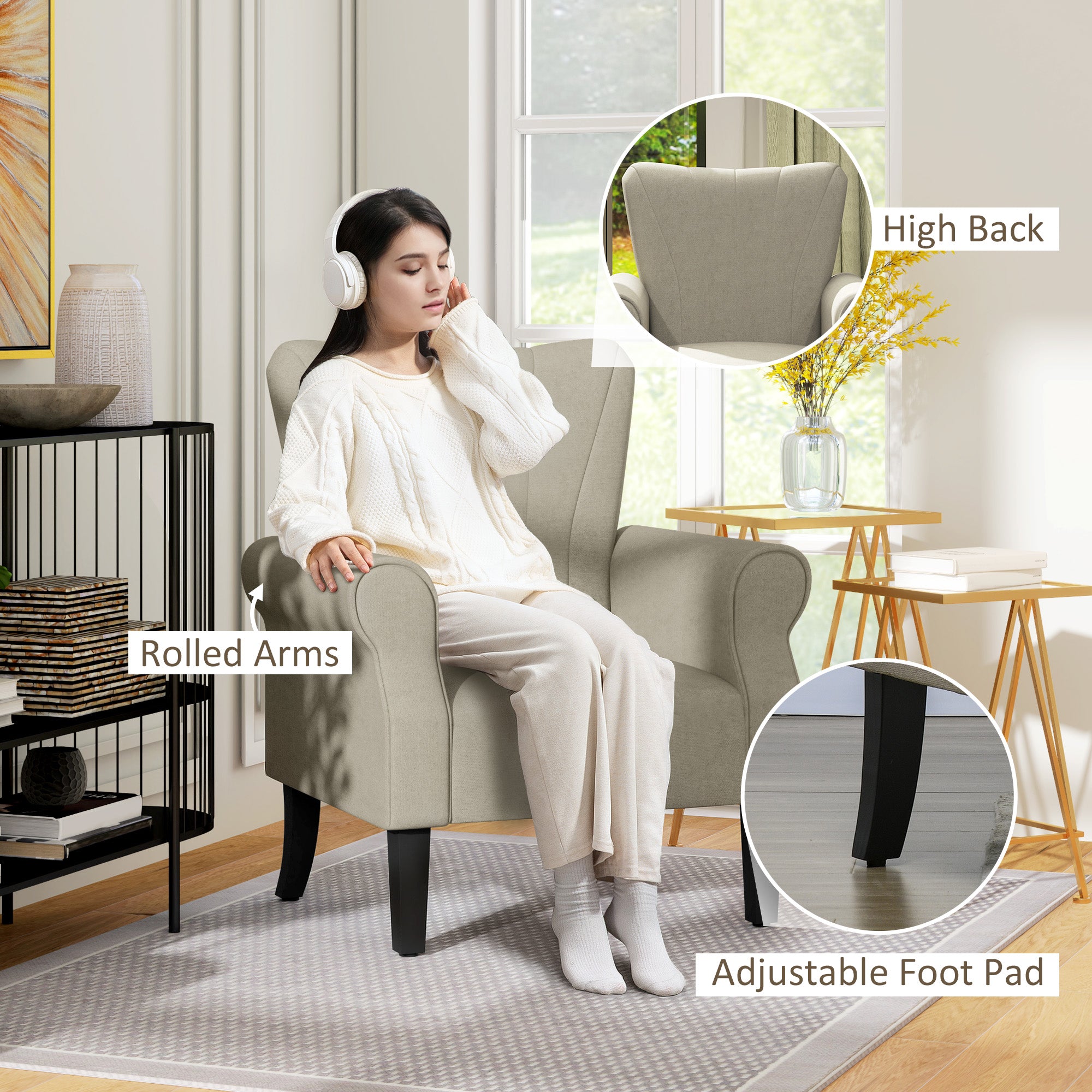 HOMCOM Upholstered Accent Chair with High Back, Rolled Arms and Wood Legs, Soft Thick Padded Armchair, Beige