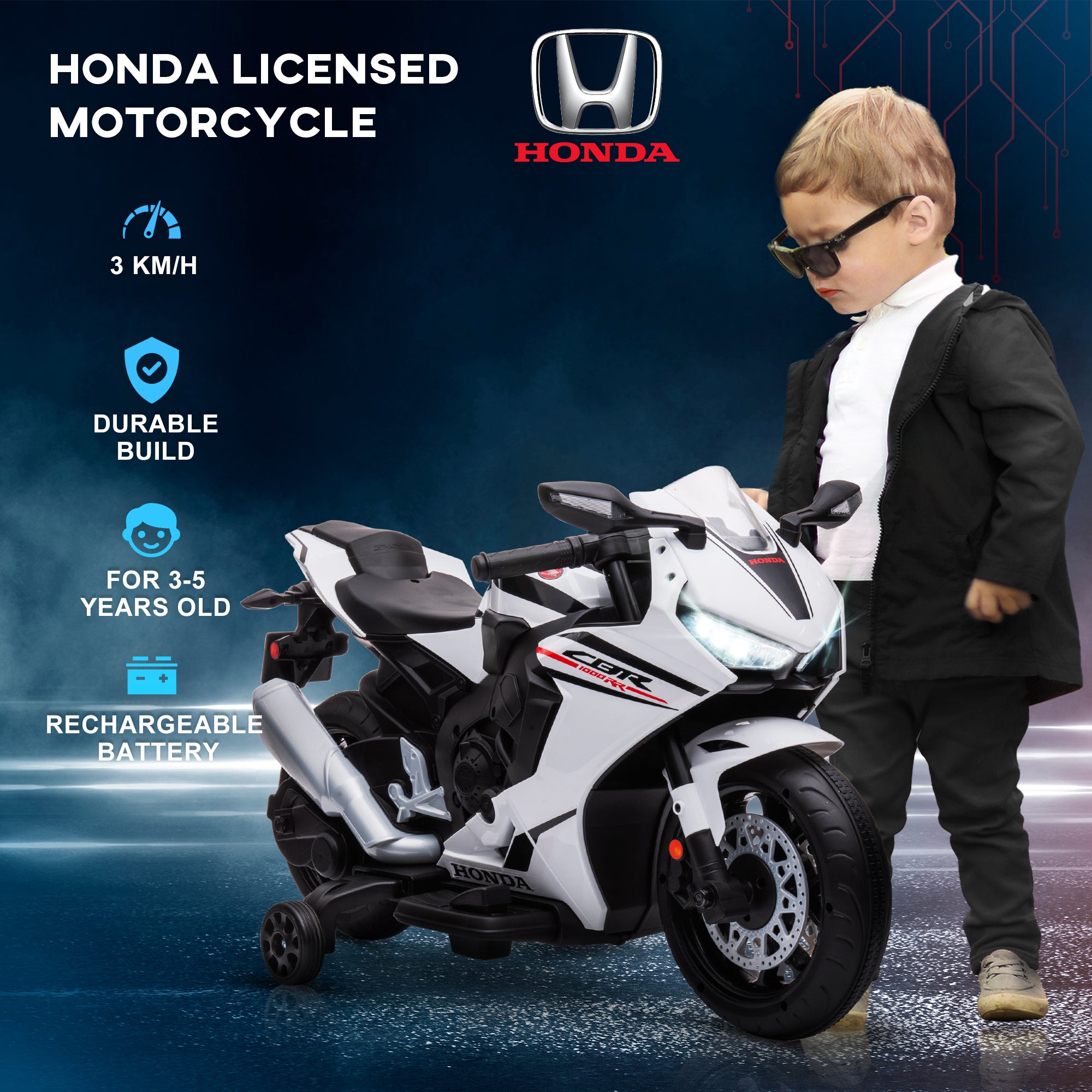 HOMCOM 6V Honda Licensed Kids Motorcycle w/ Music, Training Wheels - White - North Peak Garden Furniture