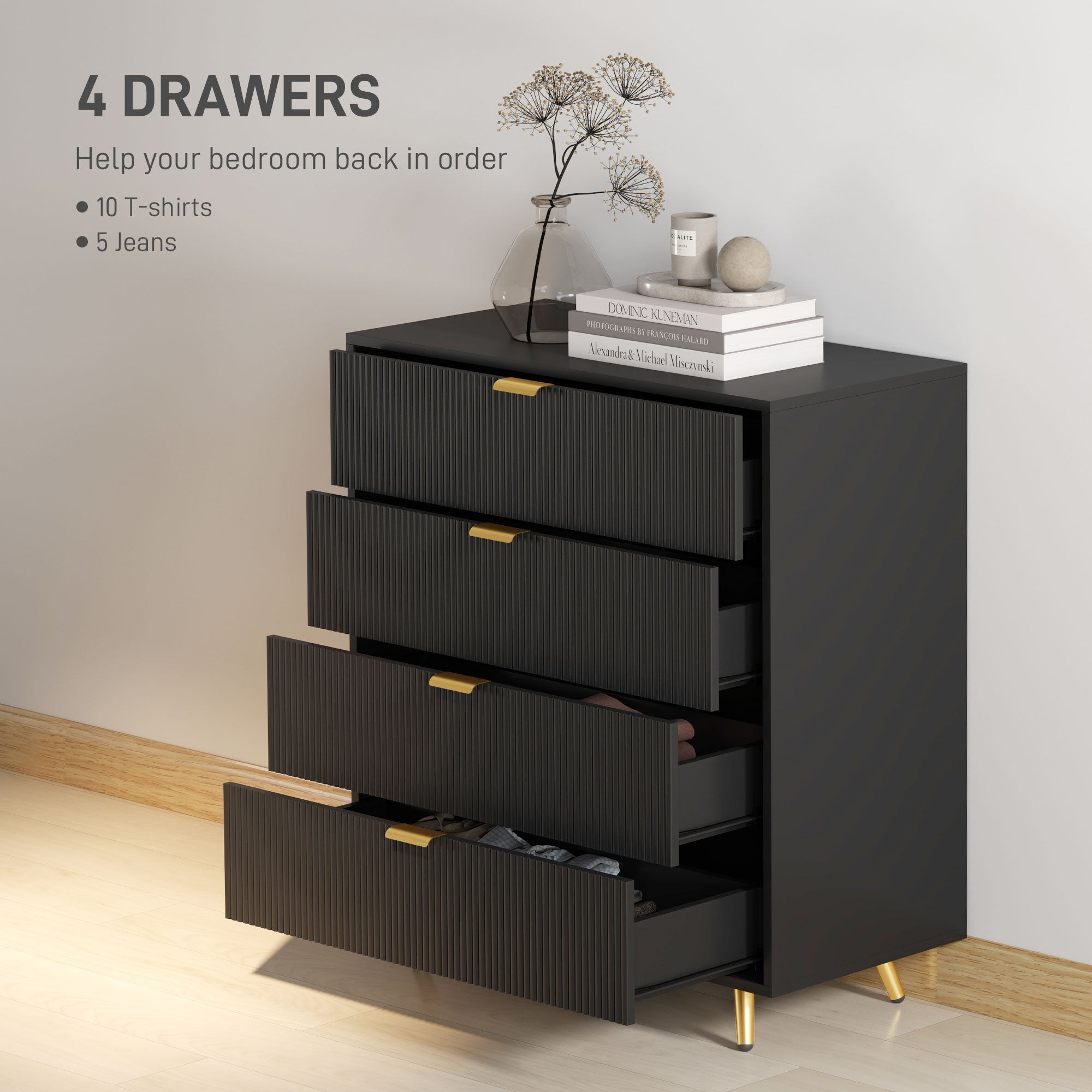 HOMCOM Bedroom Chest of Drawers with 4 Drawers, Fluted Dresser with Gold Tone Handles, Storage Cabinet for Bedroom, Living Room, Hallway, Entryway, Black - North Peak Garden Furniture