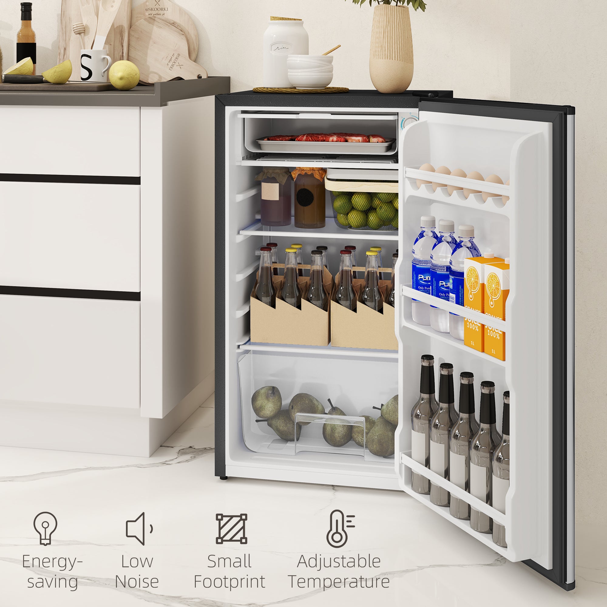 HOMCOM 91 Litre Freestanding Under Counter Fridge Freezer, Small Fridge with Chiller Box, Adjustable Thermostat, 47.5cm Wide, Silver Tone - North Peak Garden Furniture