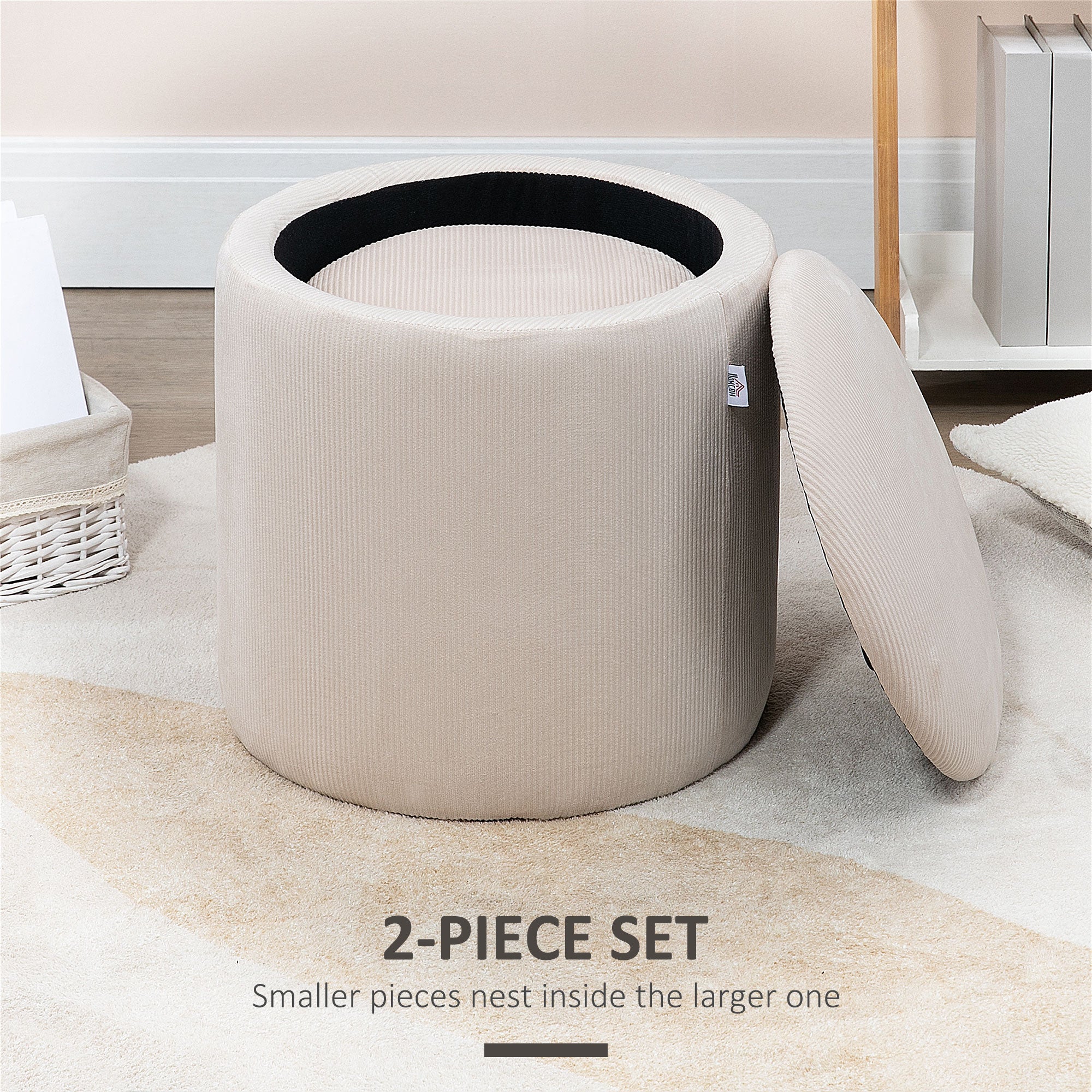 HOMCOM Modern Storage Ottoman with Removable Lid, Fabric Storage Stool, Foot Stool, Dressing Table Stool, Set of 2, Cream White - North Peak Garden Furniture