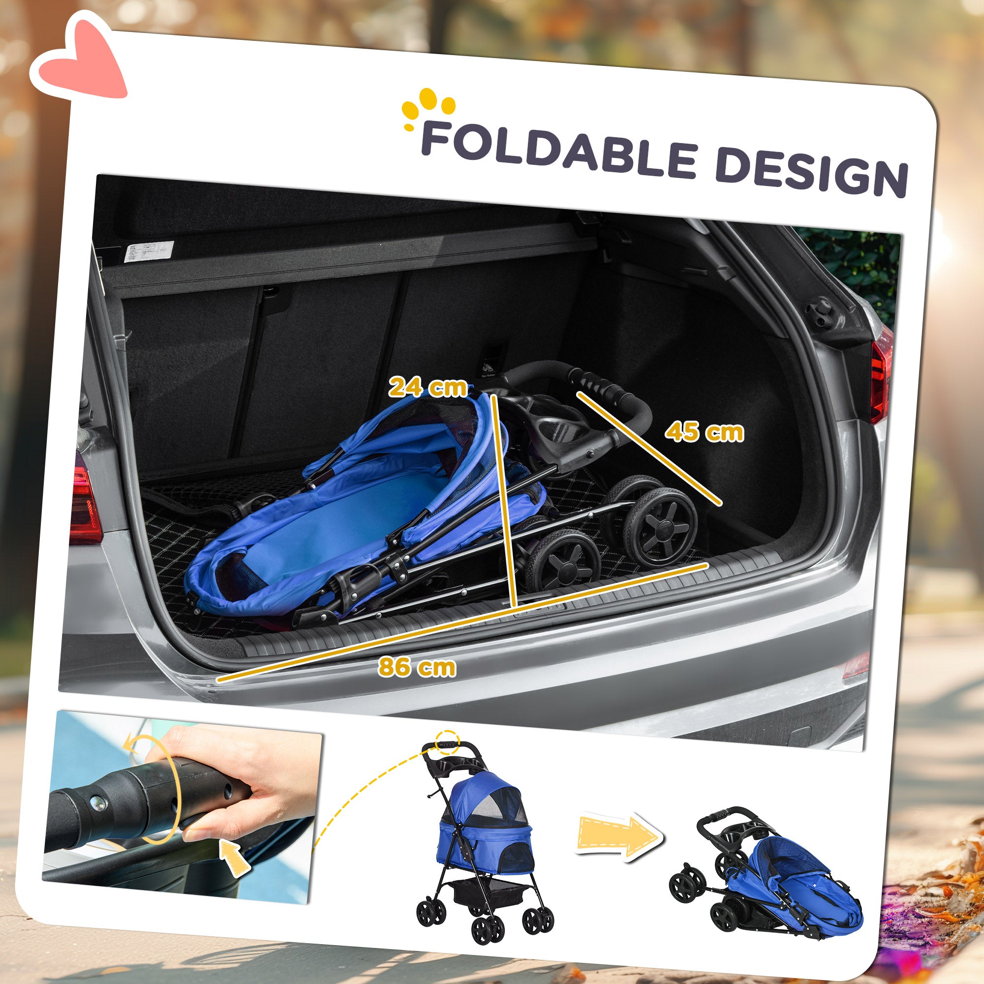 PawHut Dog Pram Dog Stroller Foldable Pet Pushchair with 4 Wheels, Safety Leashes, Cup Holder for Small Dogs, Blue - North Peak Garden Furniture