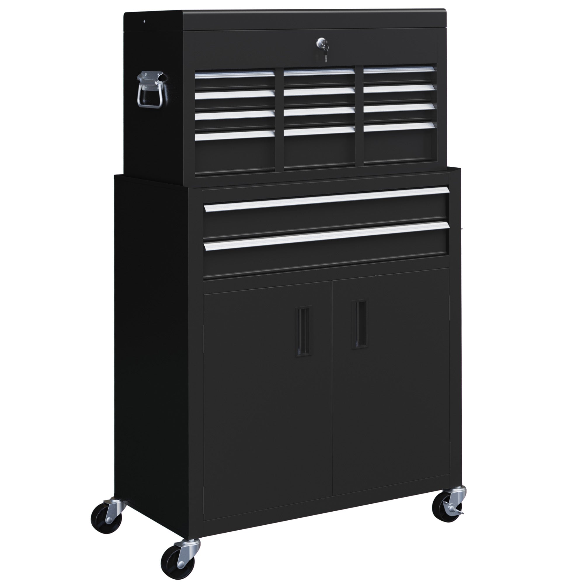 HOMCOM Portable Tool Box, Metal Tool Chest on Wheels with 6 Drawers for Garage and Workshop, Black - North Peak Garden Furniture