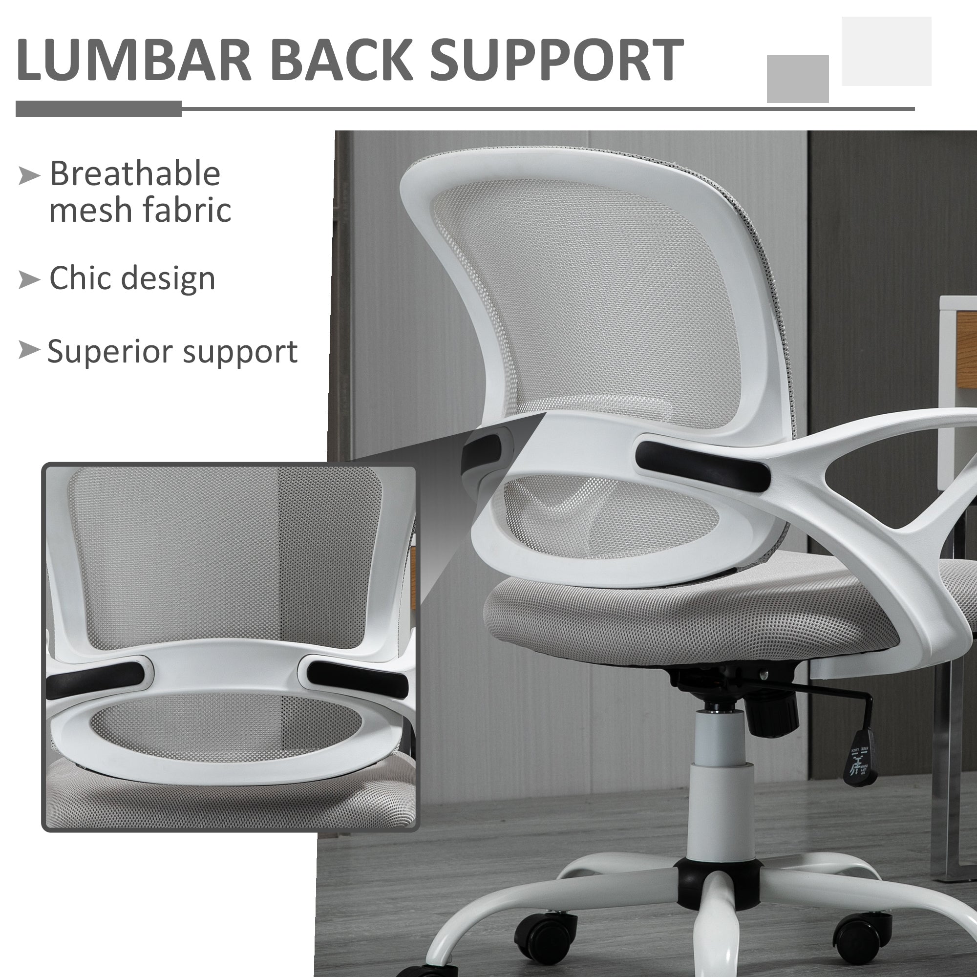 Vinsetto Office Chair Mesh Swivel Desk Chair with Lumbar Back Support Adjustable Height Armrests Grey - North Peak Garden Furniture