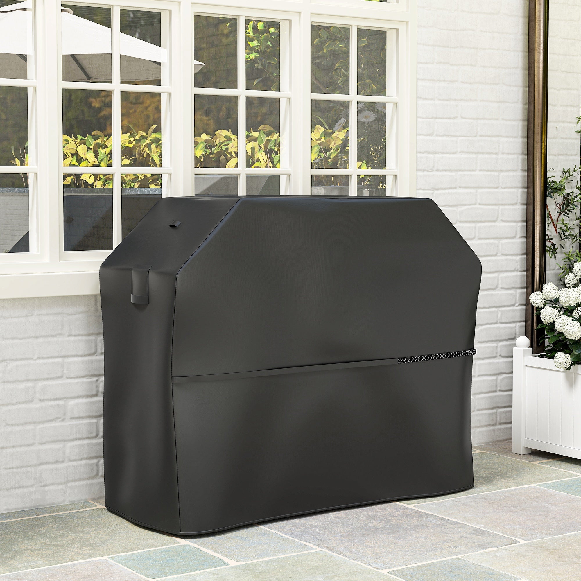 Outsunny BBQ Cover for Rectangular Gas Grill, 600D UPF30+ Oxford Fabric Barbecue Cover for Waterproof Protection Rip-Proof, with Windproof Hook and Loop Fasteners, Vents, 147 x 61 x 122 cm, Black - North Peak Garden Furniture