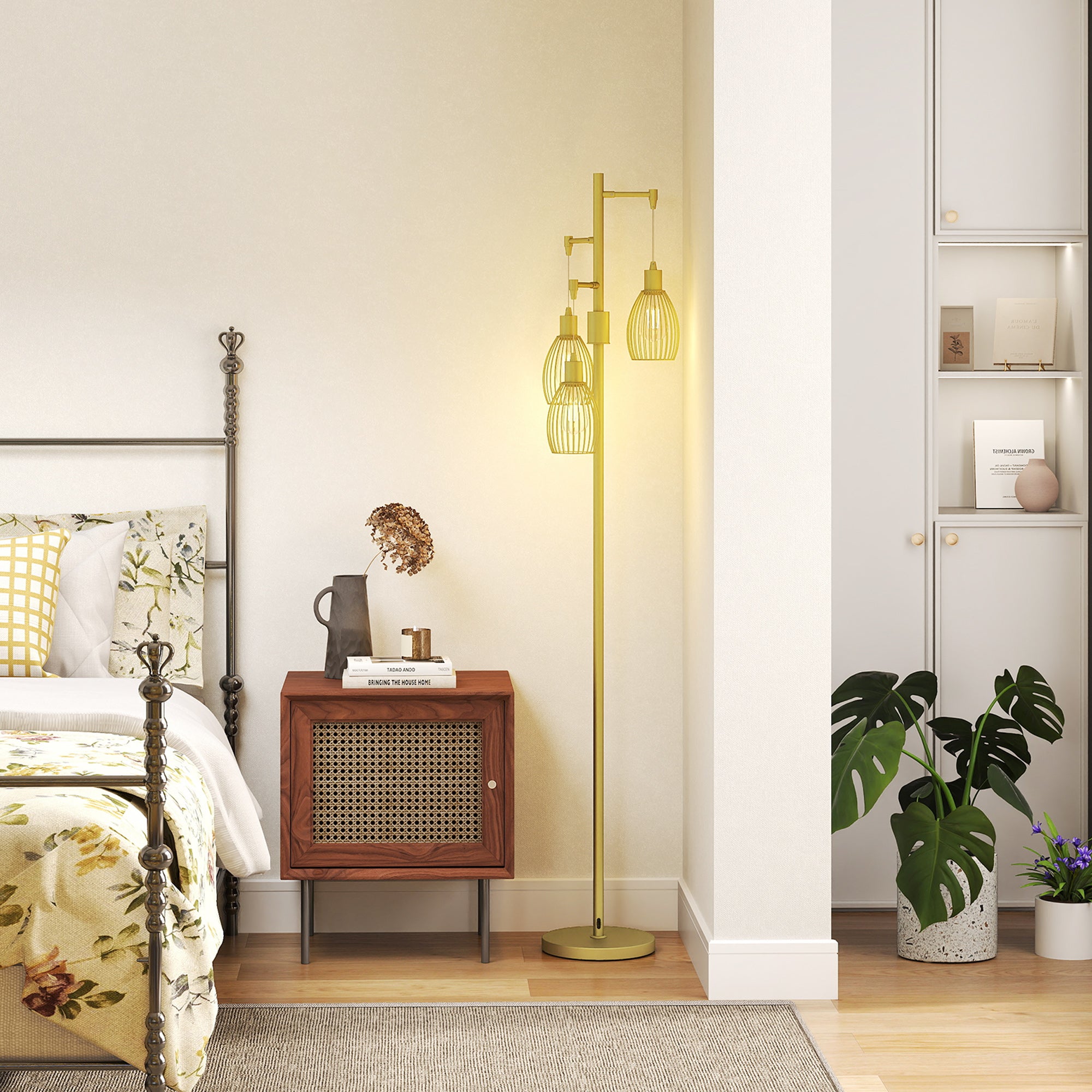 HOMCOM 170cm Industrial 3-Light Floor Lamp, Dimmable Standing Lamp with Steel Lampshades for Living Room, Bedroom, Dinging Room, Study, Gold Tone - North Peak Garden Furniture