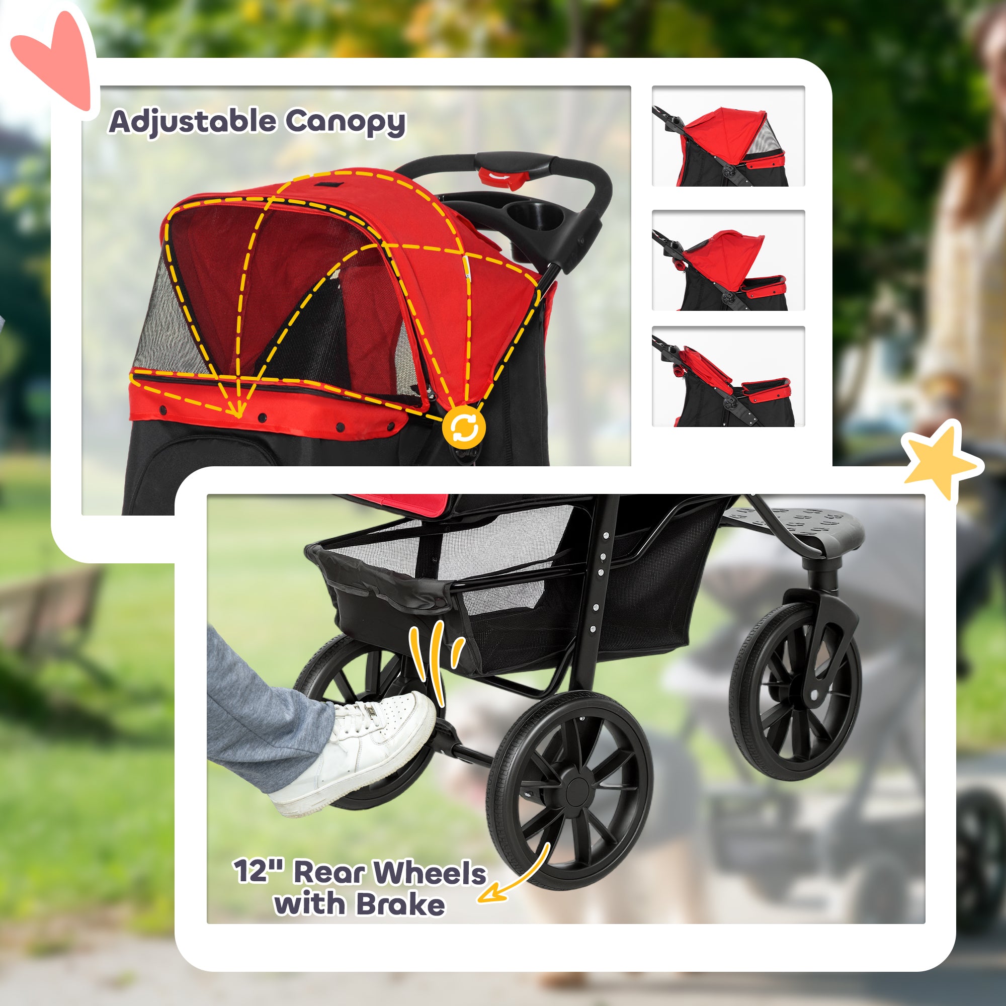 PawHut Dog Pram Dog Stroller Pet Stroller, 3 Wheels Dog Pushchair with Brake, for Small Miniature Dogs, Cats, Red