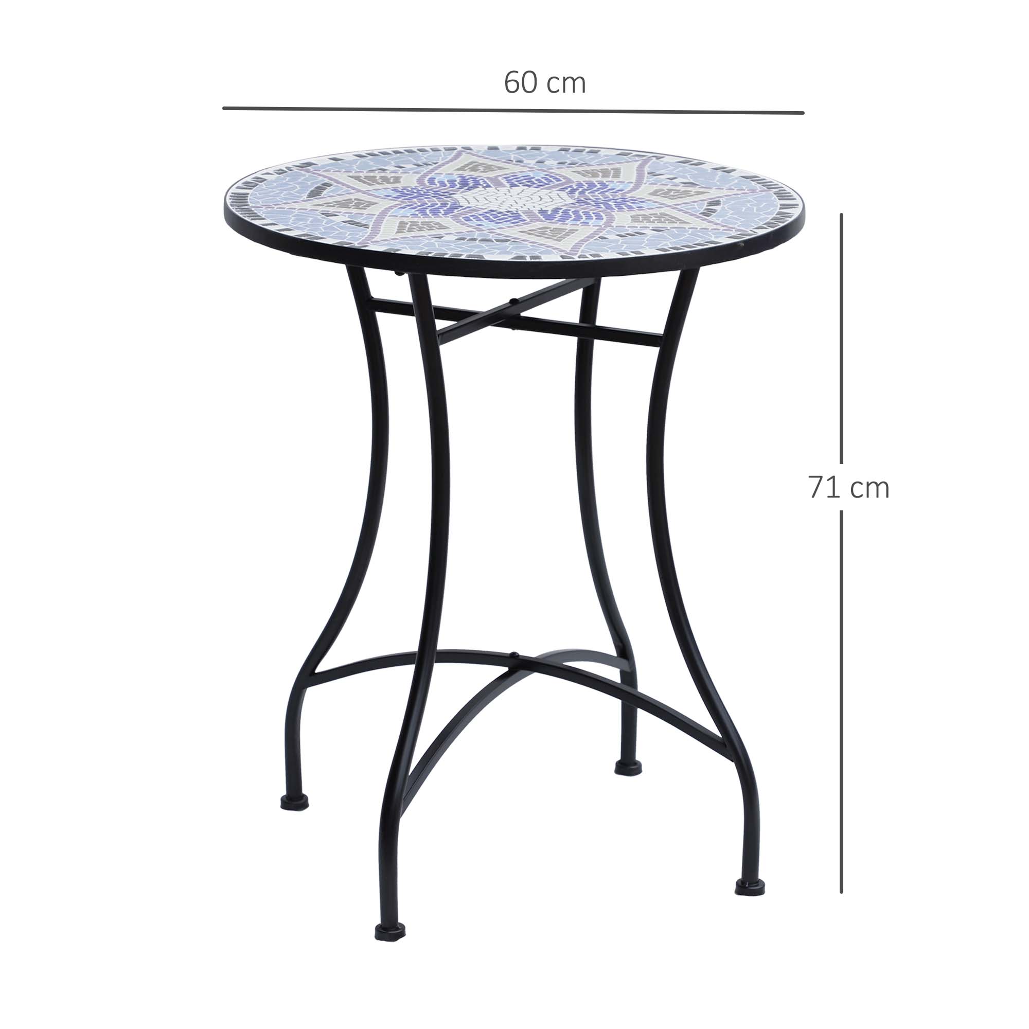 Outsunny Outdoor Mosaic Round Garden Table, Patio Bistro Coffee Side Table with 60cm Ceramic Top for Garden, Blue and White - North Peak Garden Furniture