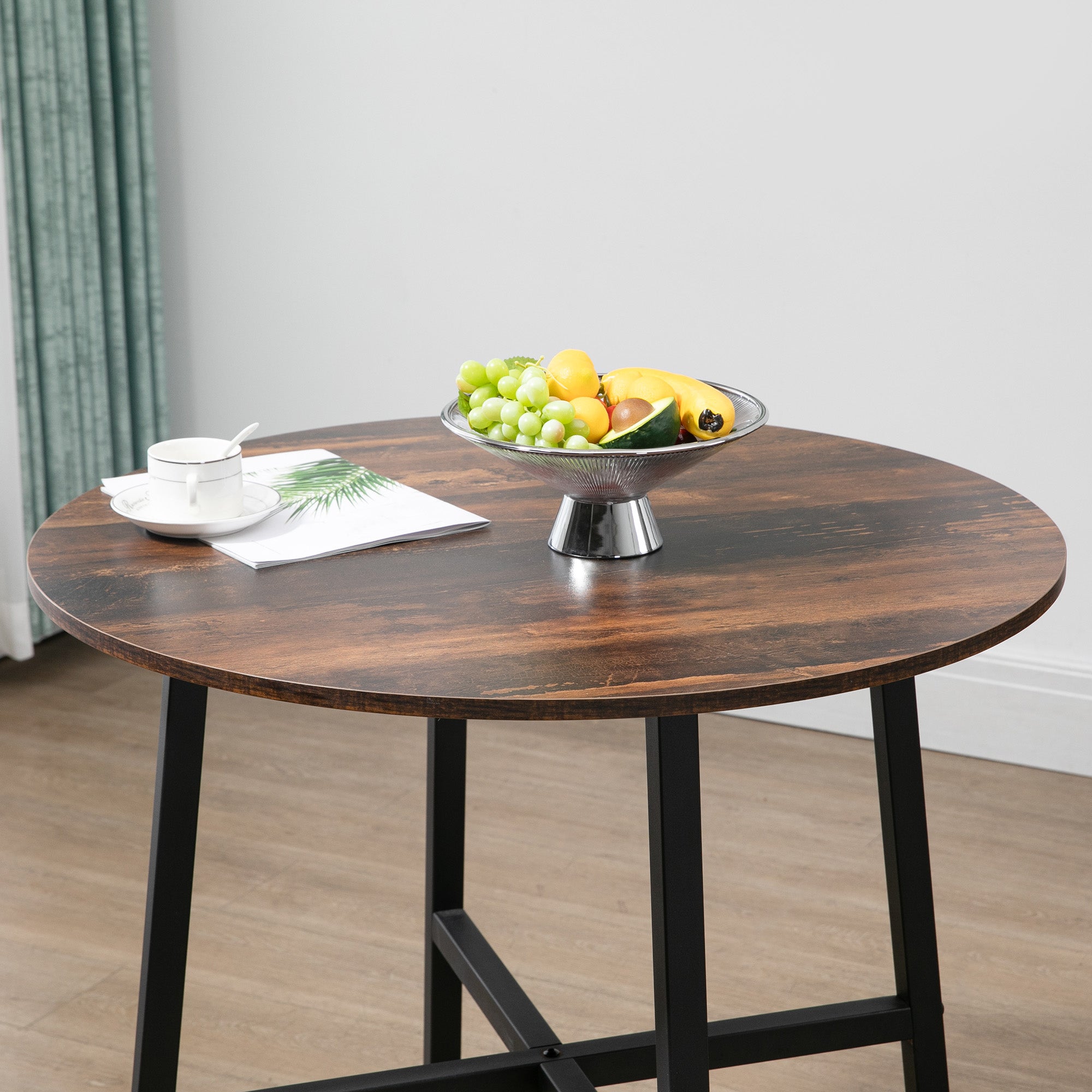HOMCOM 85cm Dining Room Table, Industrial Style Kitchen Table Round with Steel Legs, Rustic Brown - North Peak Garden Furniture