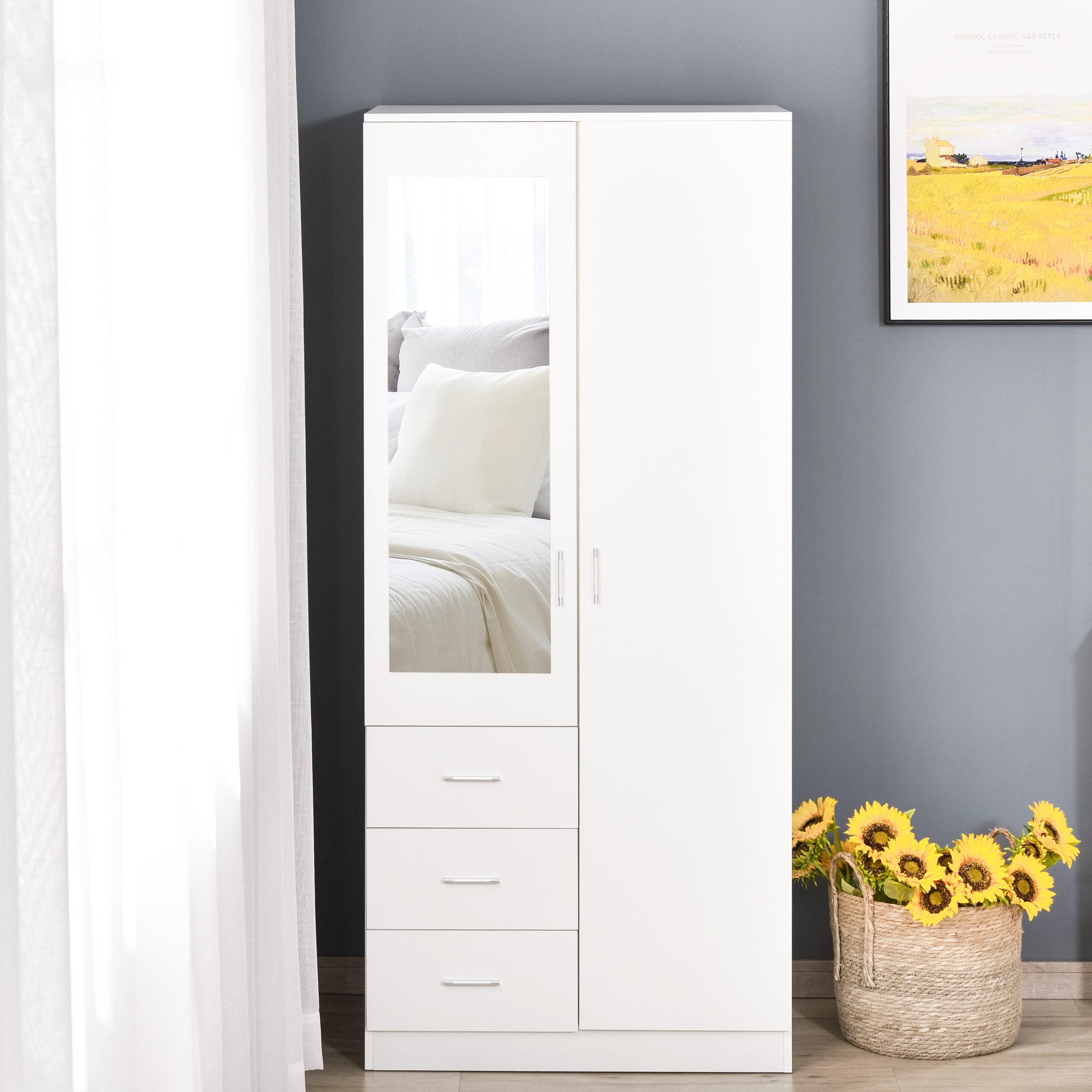 HOMCOM Modern Mirror Wardrobe 2 Door Storage Cupboards Home Storage Organisation Furniture with Adjustable Shelf, Hanging Rail and 3 Drawers, 180cm, White