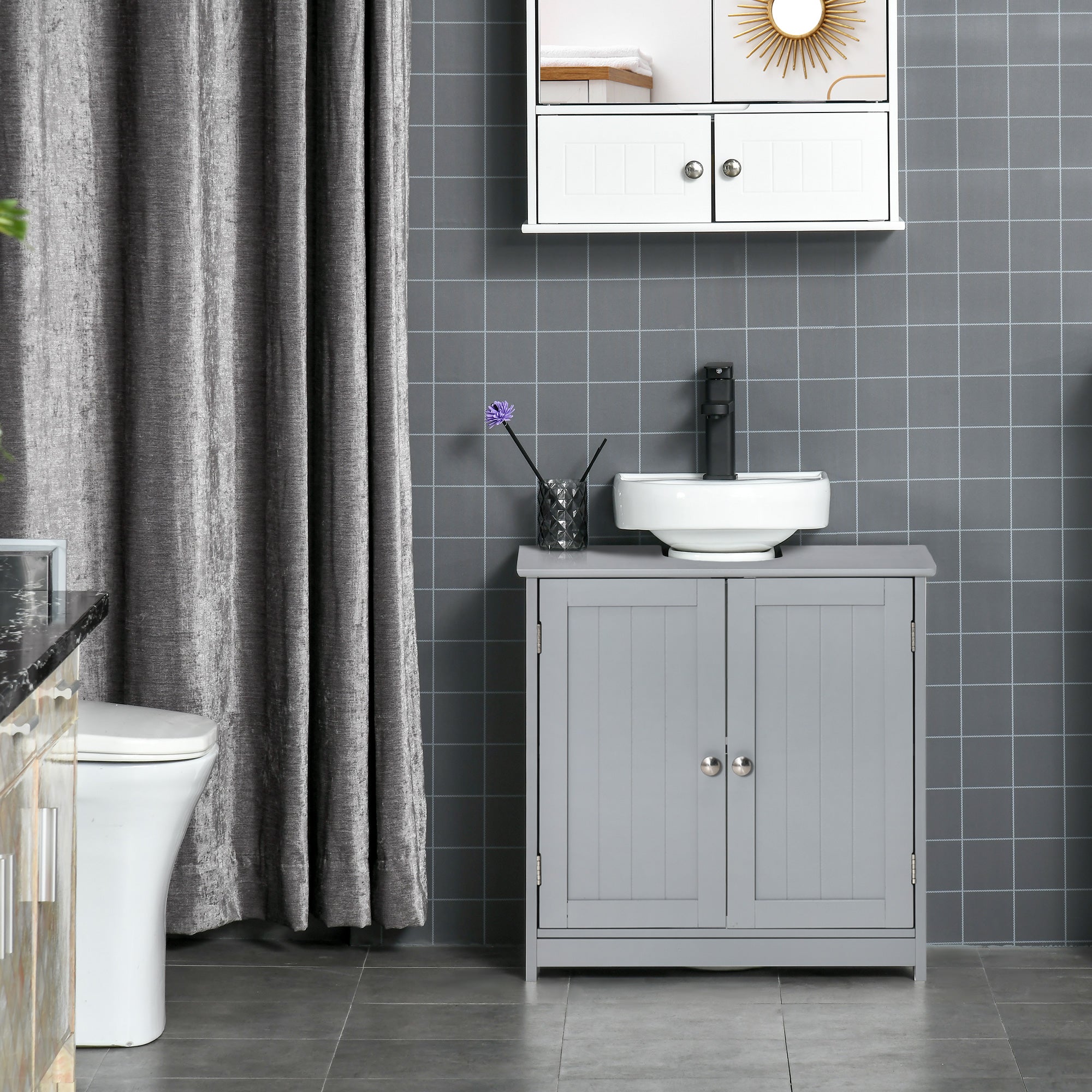 kleankin 60x60cm Under-Sink Storage Cabinet w/ Adjustable Shelf Handles Drain Hole Bathroom Cabinet Space Saver Organizer Grey - North Peak Garden Furniture