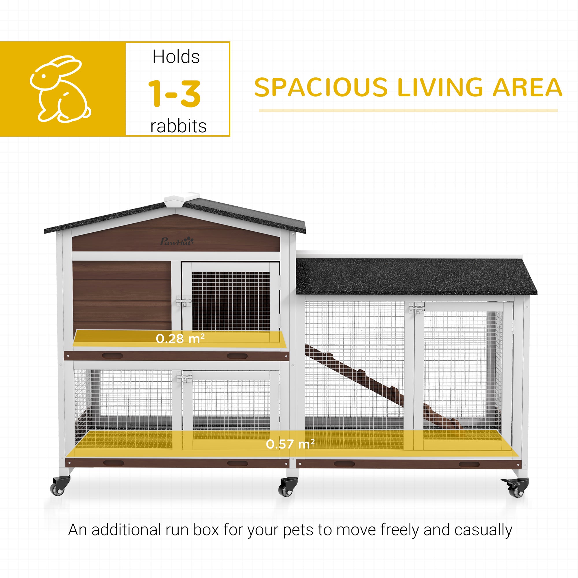 PawHut Wooden Two-Tier Pet Hutch with Wheels, Run - Brown - North Peak Garden Furniture