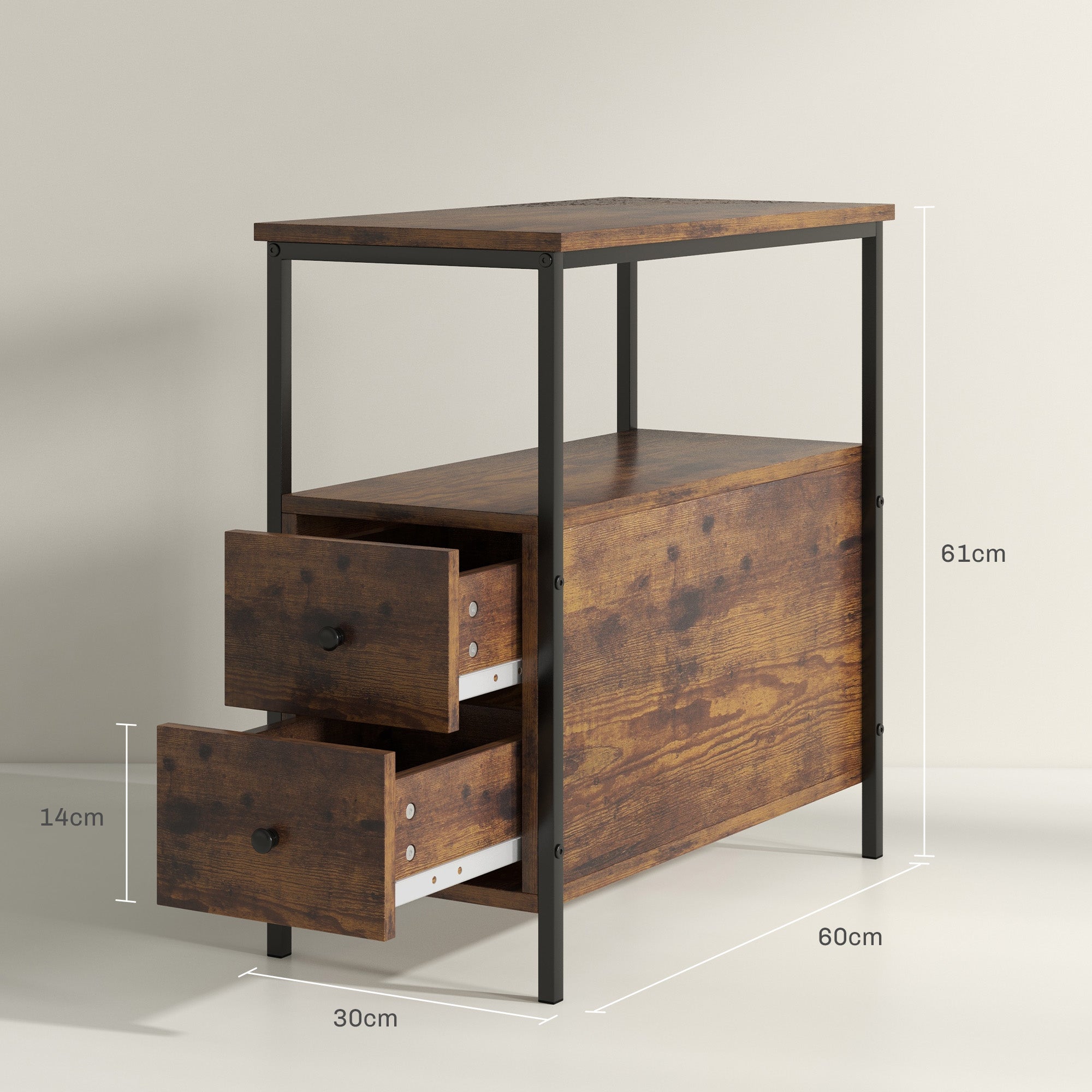 HOMCOM Set of 2 Side Table, Narrow Bedside Table with 2 Drawers and Storage Shelf, Industrial End Table with Metal Frame for Small Spaces, Rustic Brown - North Peak Garden Furniture
