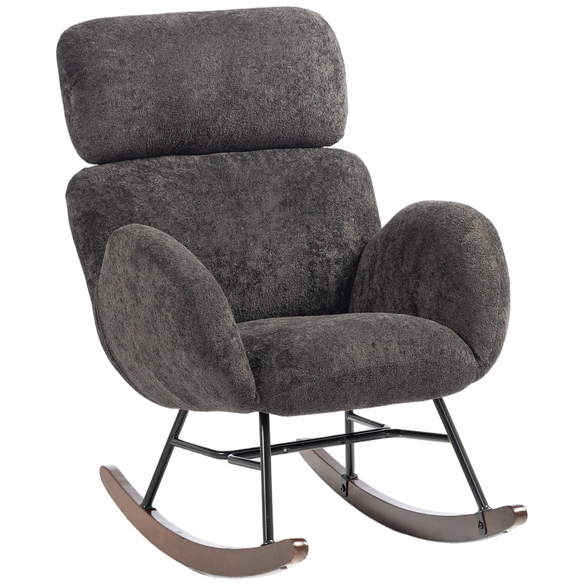 HOMCOM Upholstered Rocking Chair Adjustable Headrest Rocker Chair Raindrop Velvet Rubberwood Base Dark Grey