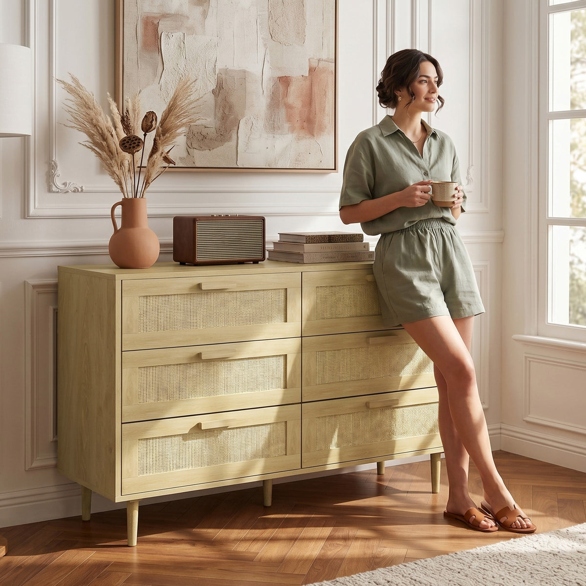 HOMCOM Chest of Drawers, 6-Drawer Dresser, Tall Storage Drawer Unit with Rattan Element for Bedroom, Living Room, Oak