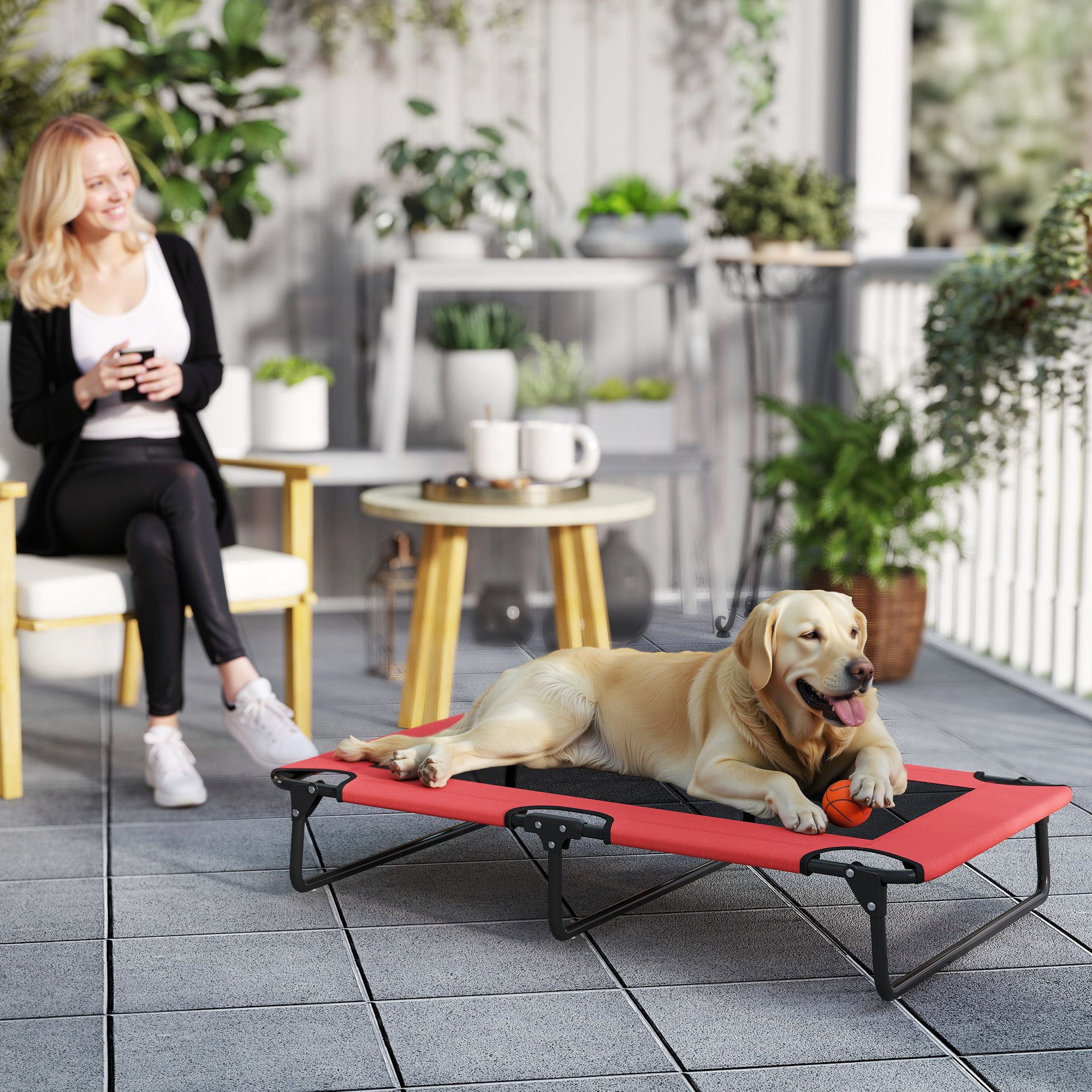 PawHut Portable Raised Dog Bed, Elevated Pet Cot with Breathable Mesh for Indoor Outdoor, for Large Dogs, Red - North Peak Garden Furniture