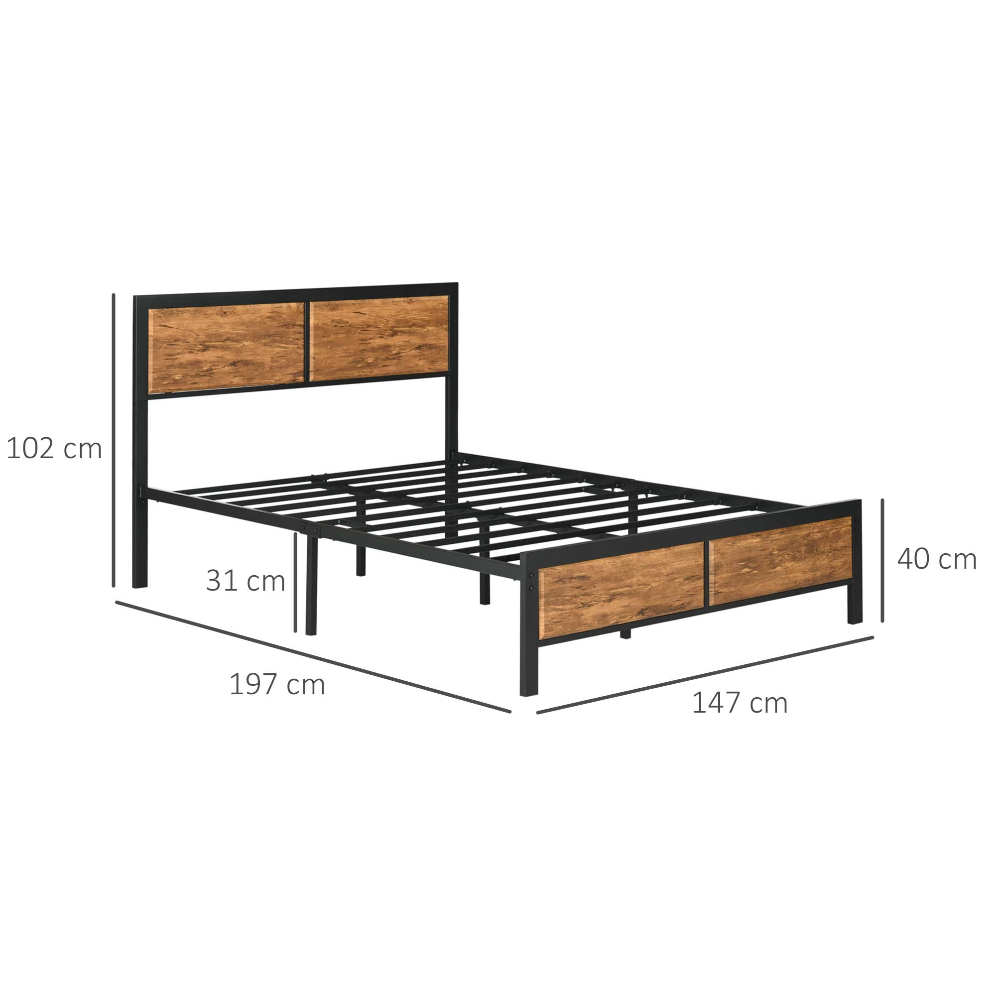 HOMCOM Industrial Double Bed Frame, 5FT Steel Bed Base with Headboard, Footboard, Slatted Support and Under Bed Storage, 147 x 197cm, Rustic Brown - North Peak Garden Furniture